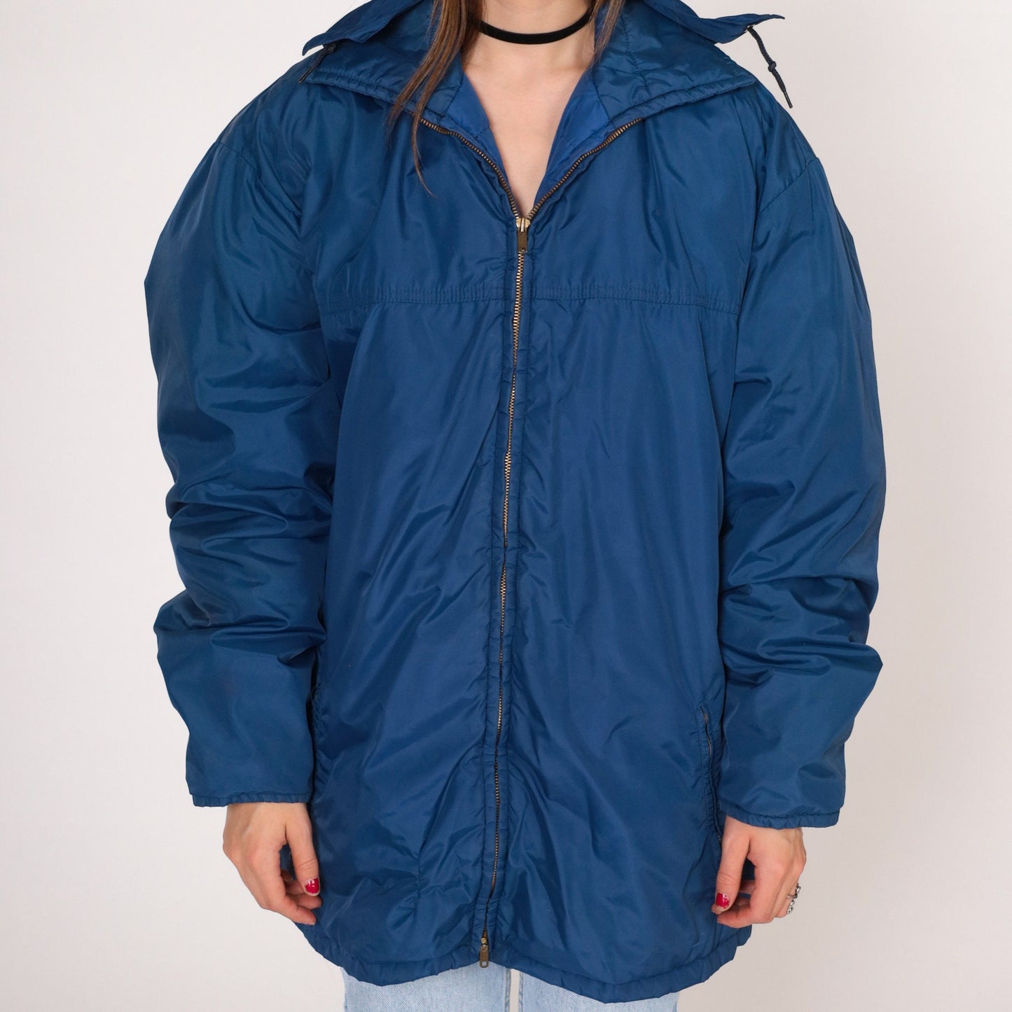 80s Tempco Blue Down Puffer Ski Jacket Hooded Zip Nylon Large L