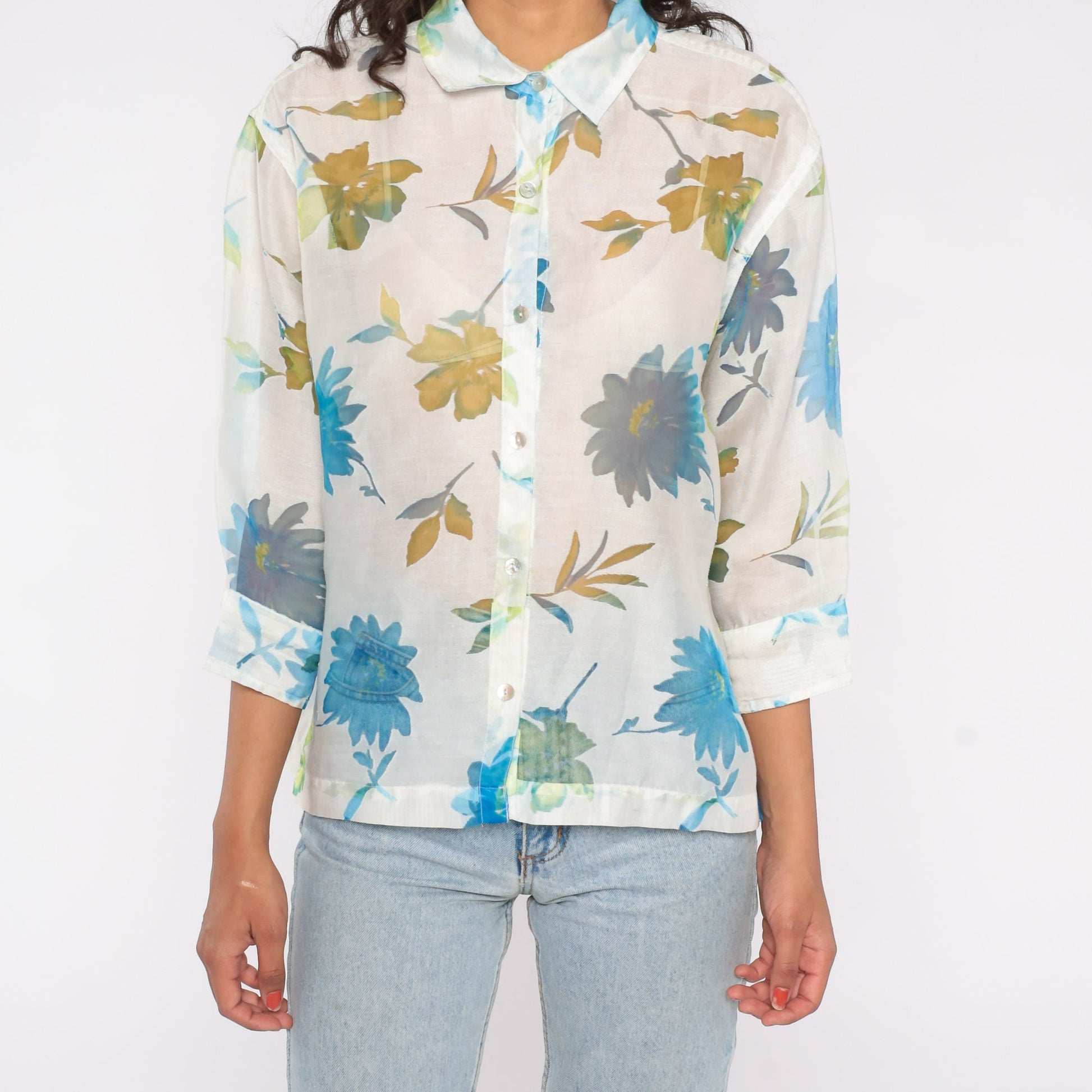Y2K Sheer Floral White Button-Up Blouse Long Sleeve Collar Extra Large
