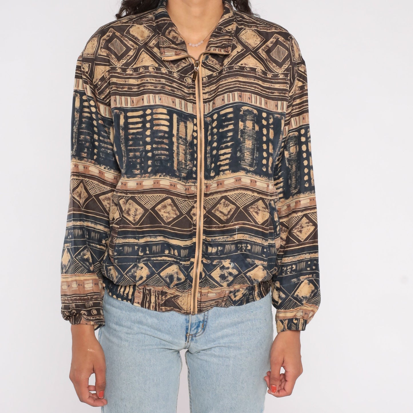 90s East West Silk Windbreaker Geometric Print Zip Jacket Small
