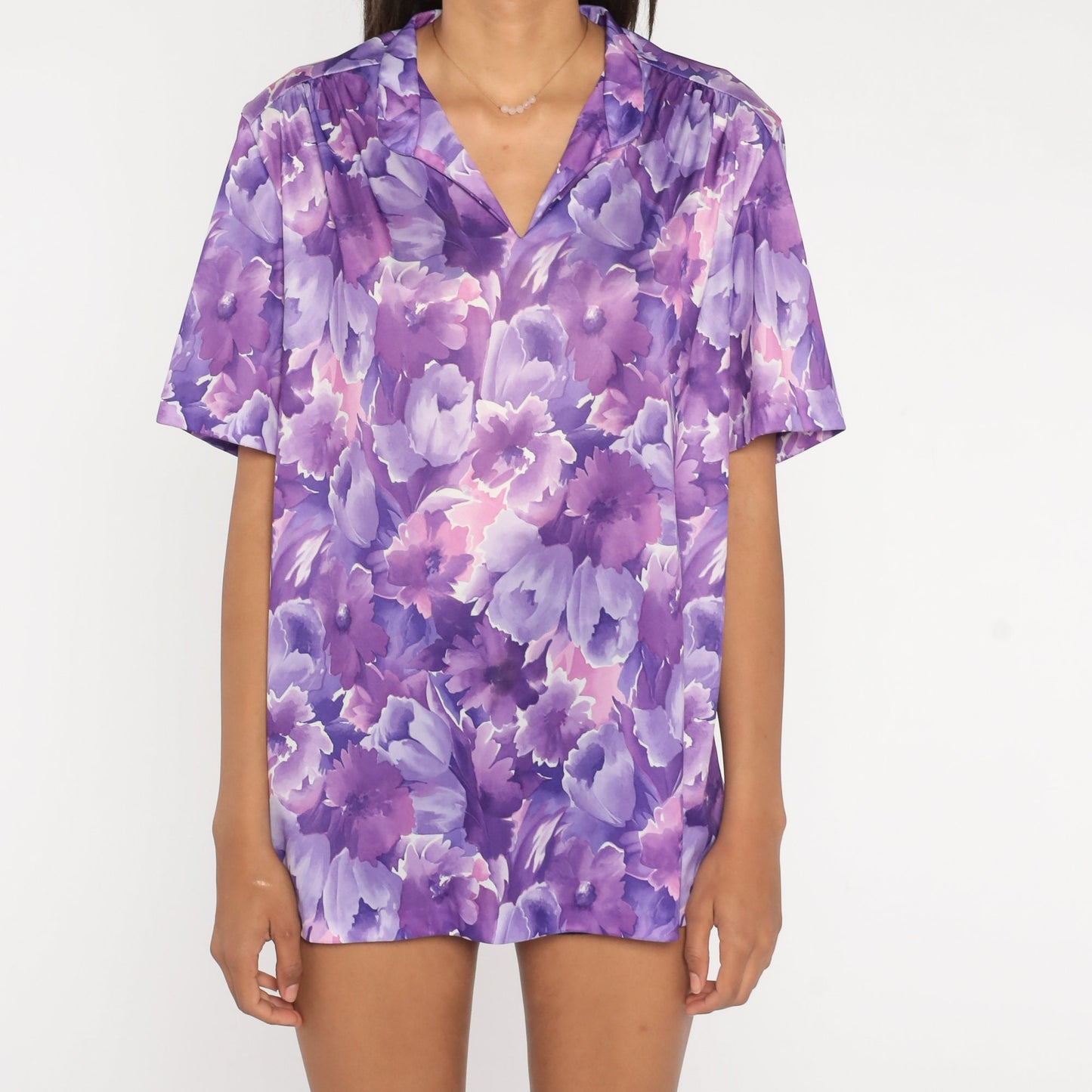 70s Purple Floral Tunic Blouse V Neck Short Sleeve Shirt Extra Large XL