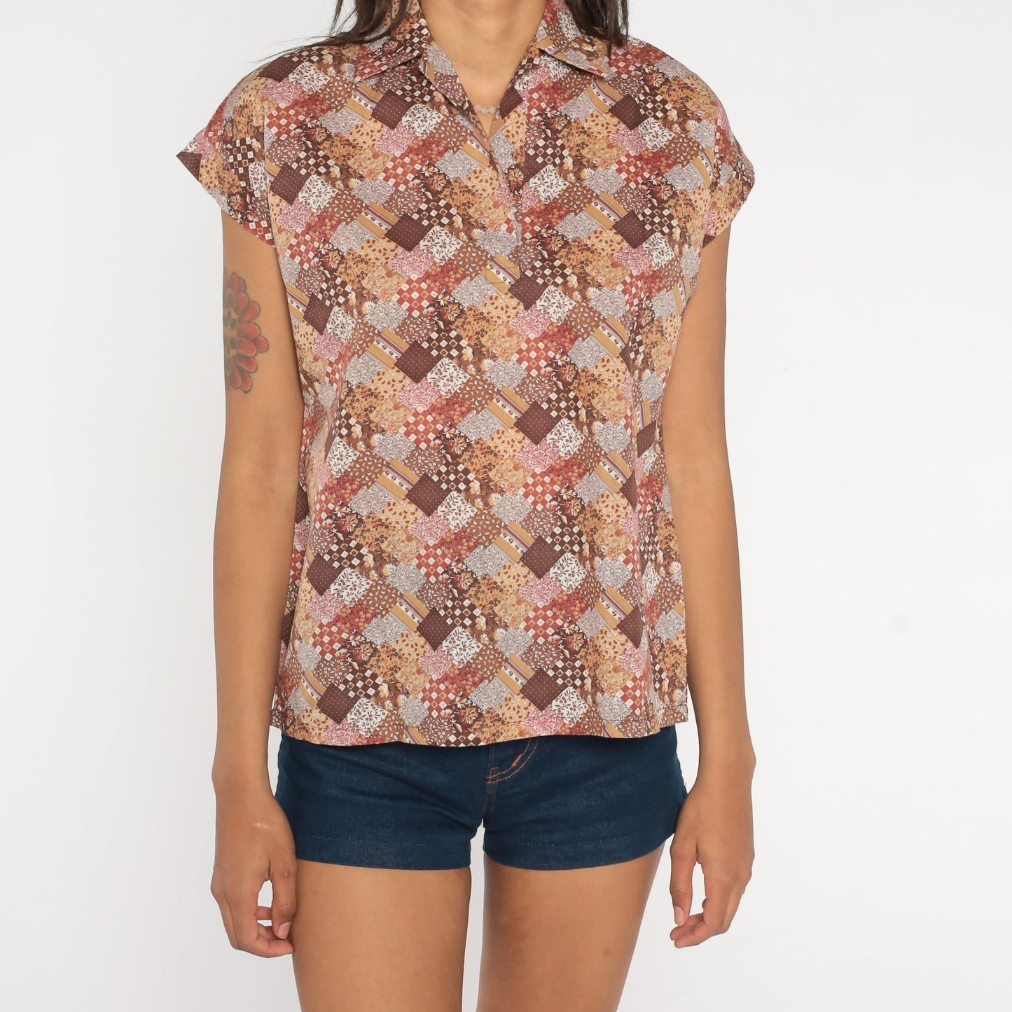 70s Floral Patchwork Blouse Brown Calico Print Tunic Short Sleeve Medium