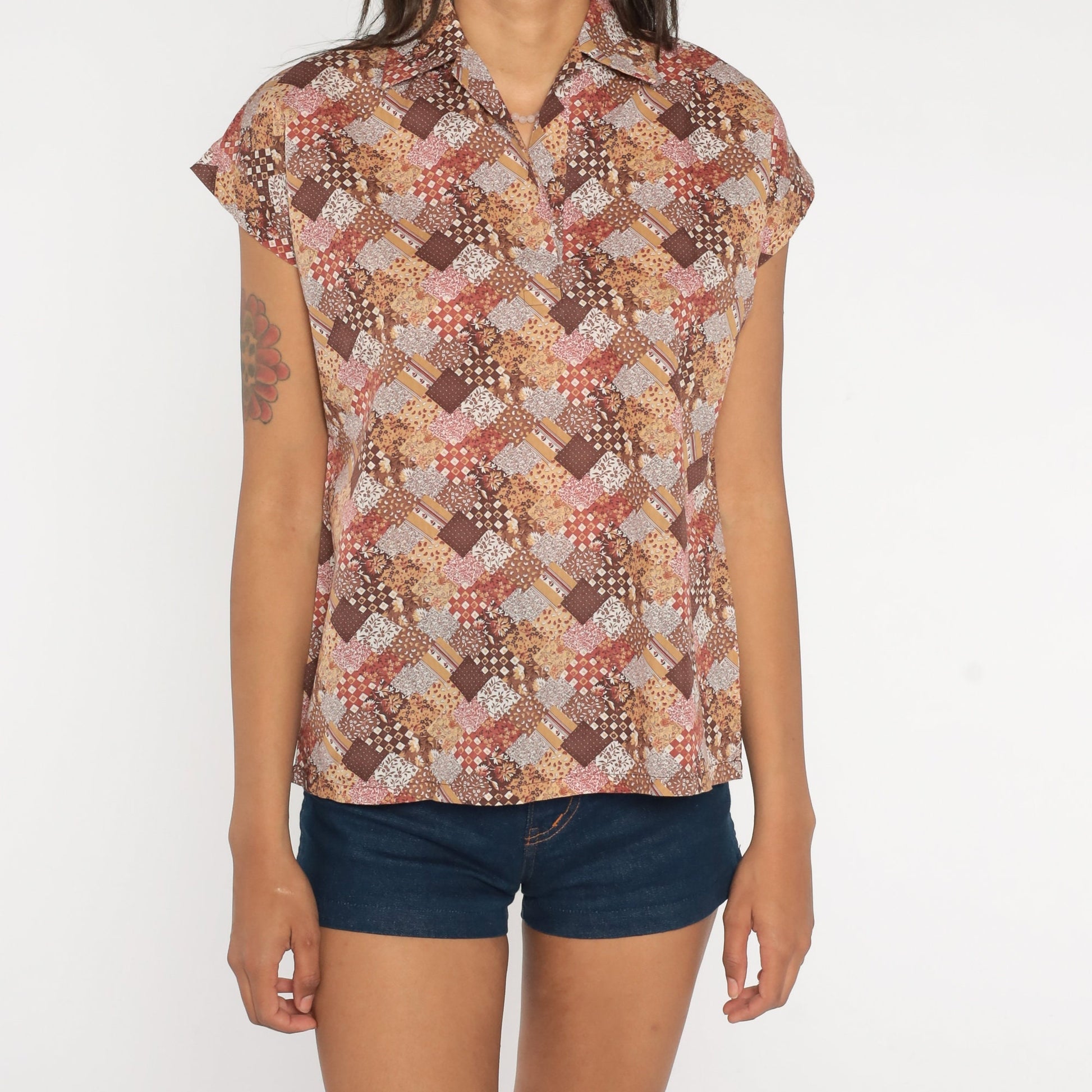 70s Floral Patchwork Blouse Brown Calico Print Tunic Short Sleeve Medium