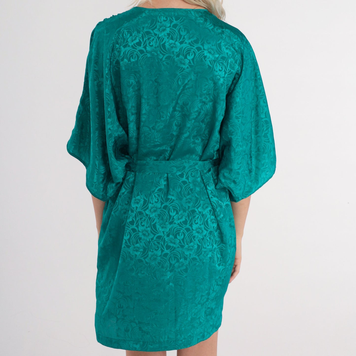 90s Val Mode Green Floral Embossed Pajama Robe Tie Front Mini Small S