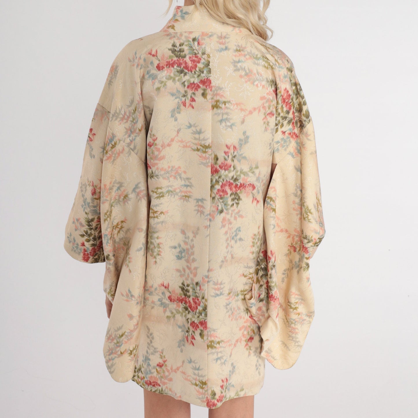 70s Metallic Floral Kimono Robe Cream Asian Print Mini Open Front Small Medium