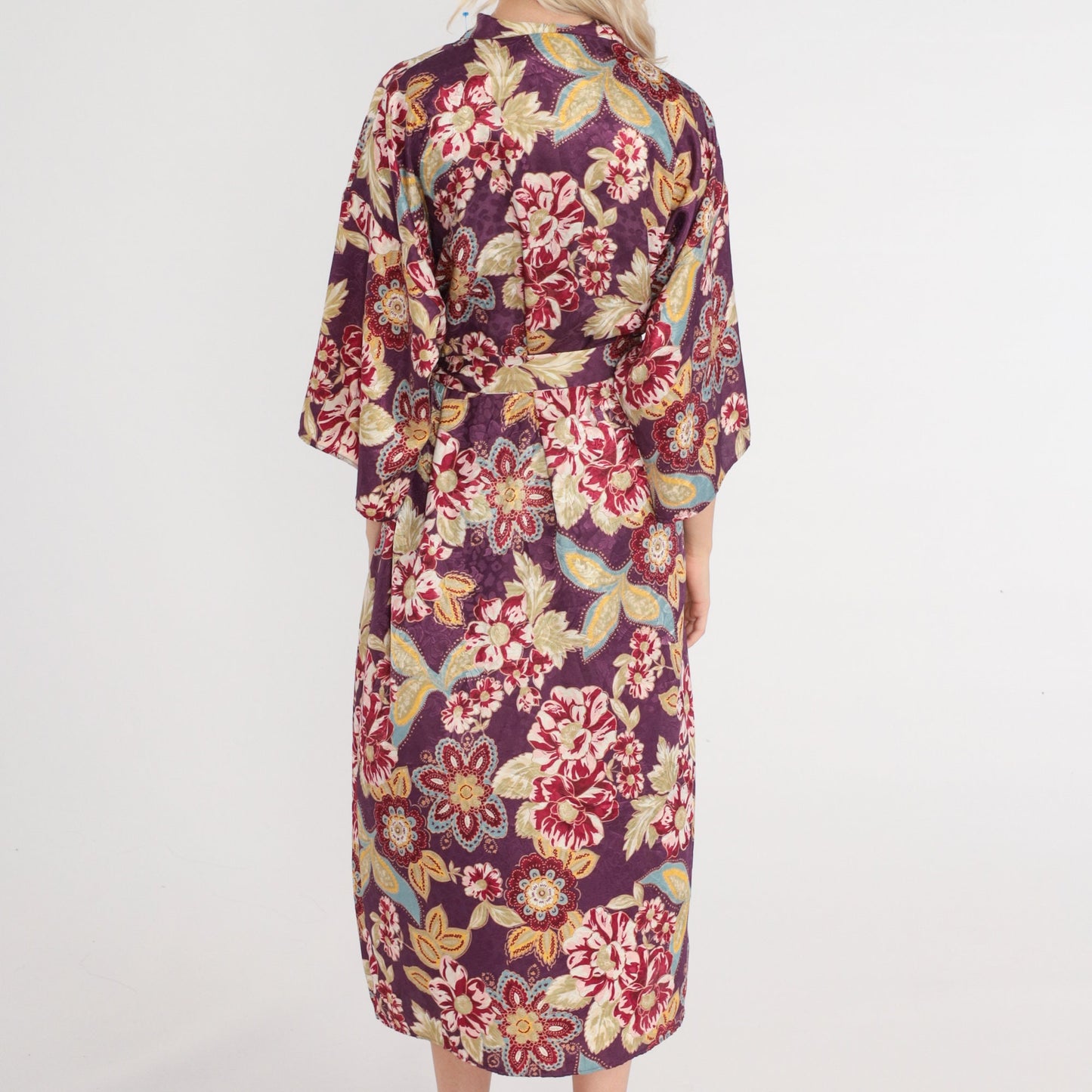 90s Purple Floral Midi Robe Tie Front Pajama Lounge Medium M
