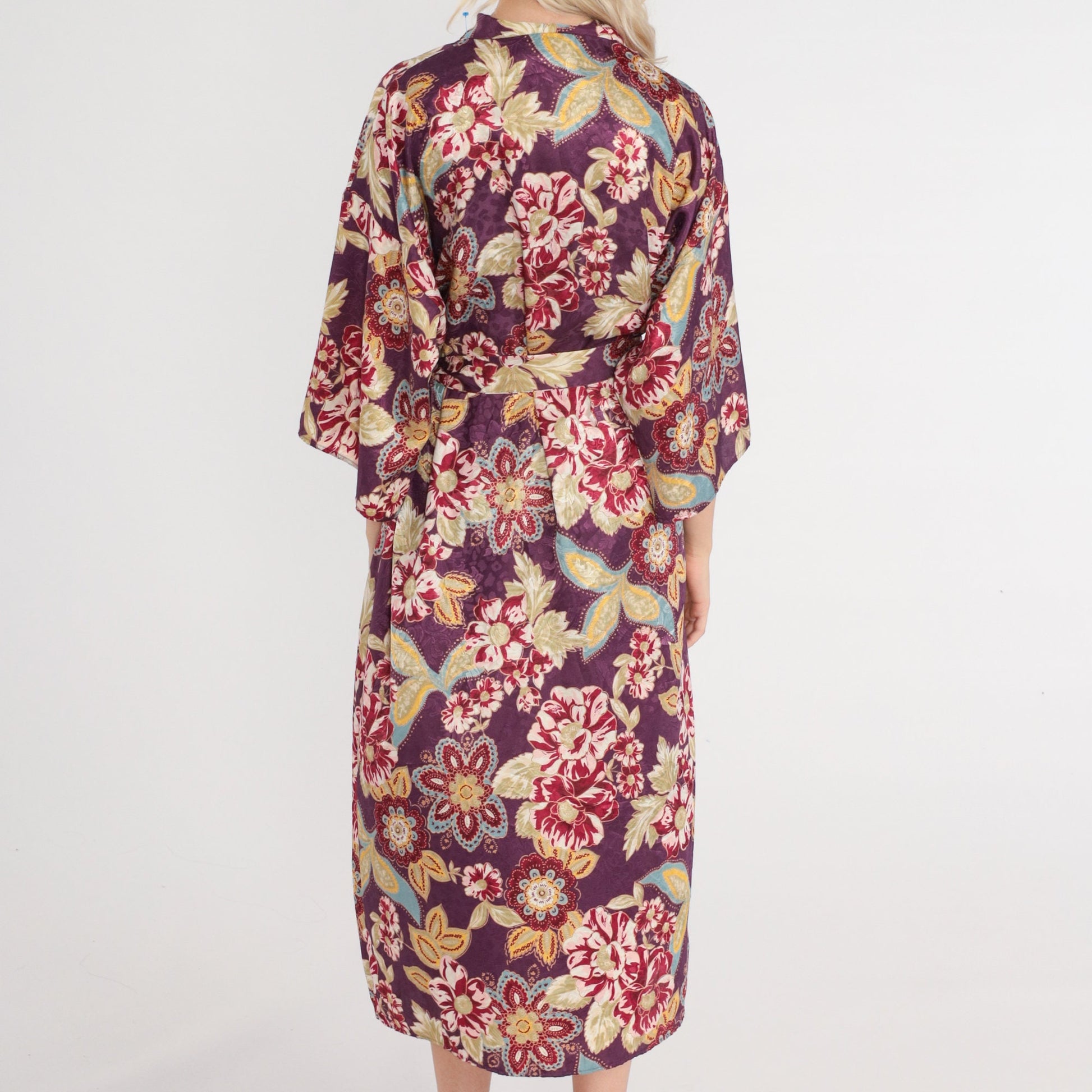 90s Purple Floral Midi Robe Tie Front Pajama Lounge Medium M