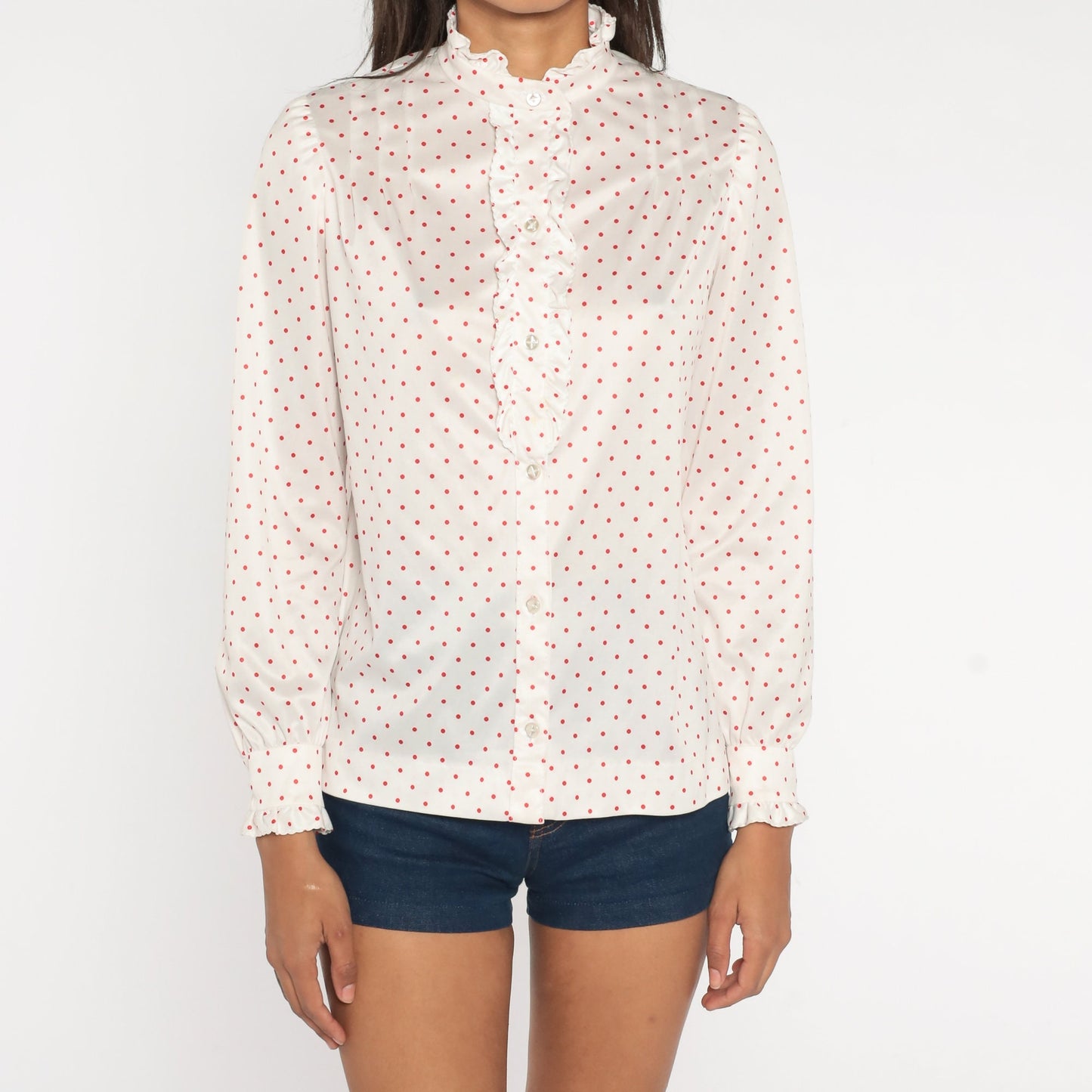 70s White Polka Dot Tuxedo Blouse Red Ruffle Puff Sleeve Button Up Medium