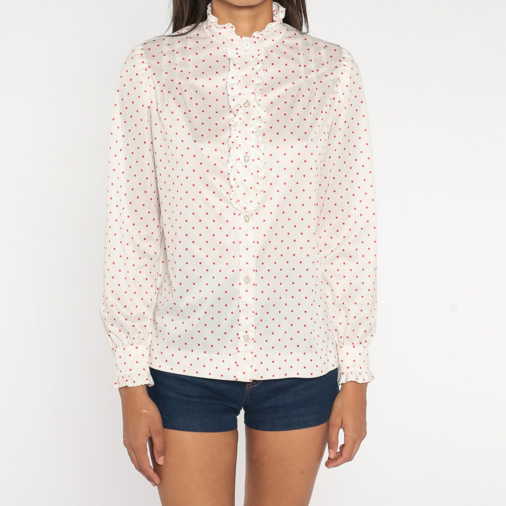 70s White Polka Dot Tuxedo Blouse Red Ruffle Puff Sleeve Button Up Medium