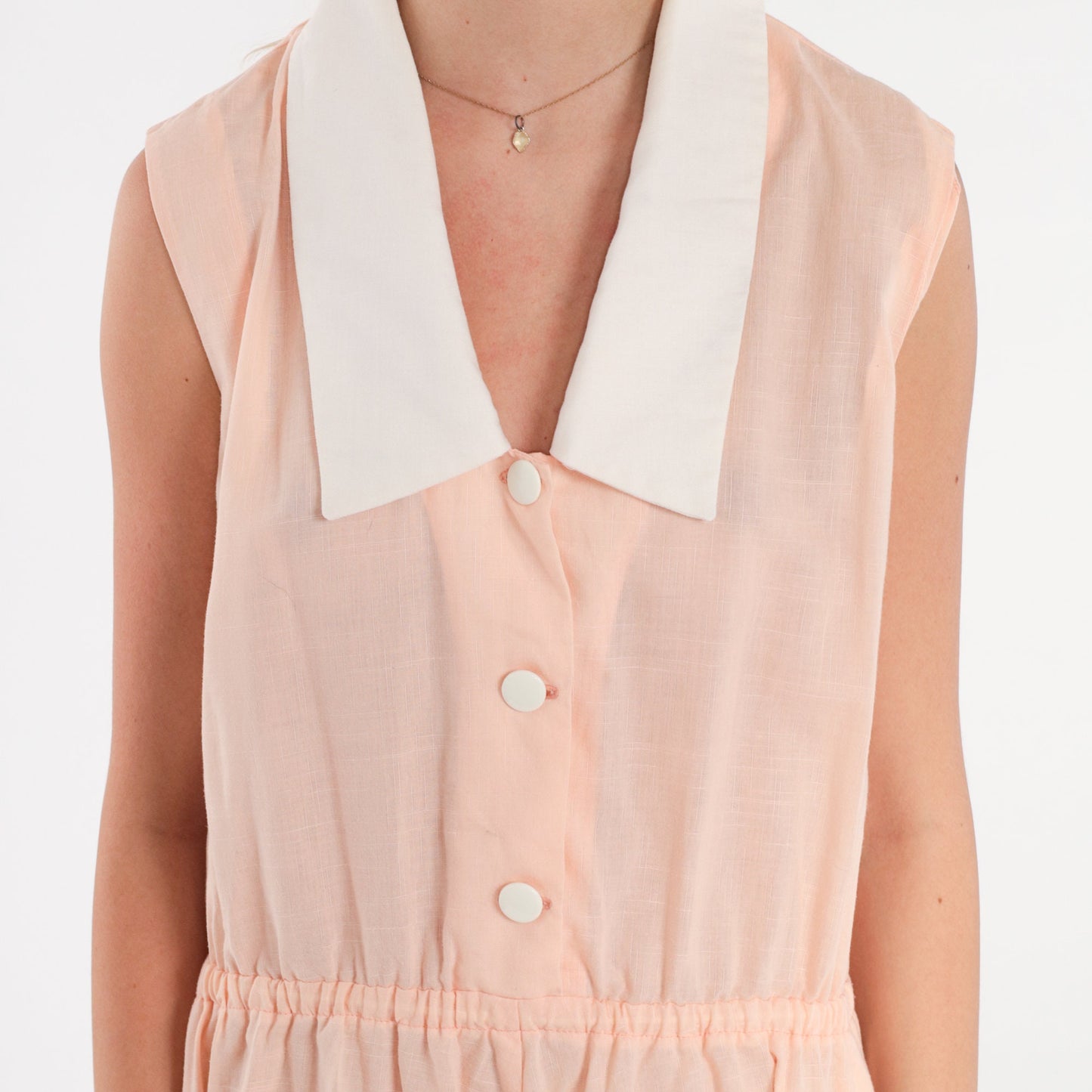 70s Peachy Pink Shirtwaist Dress Sleeveless Midi Collared Button-Up Medium