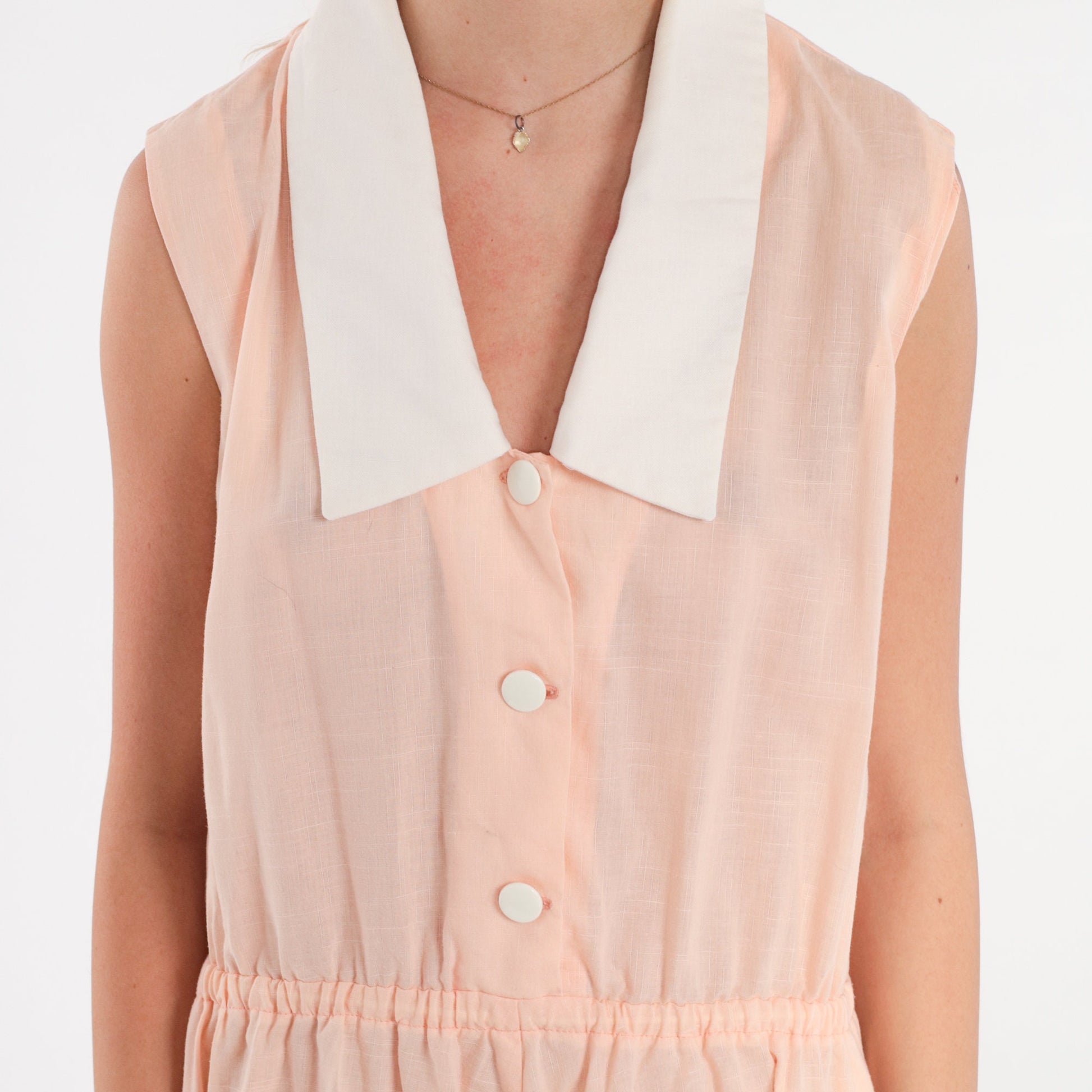 70s Peachy Pink Shirtwaist Dress Sleeveless Midi Collared Button-Up Medium
