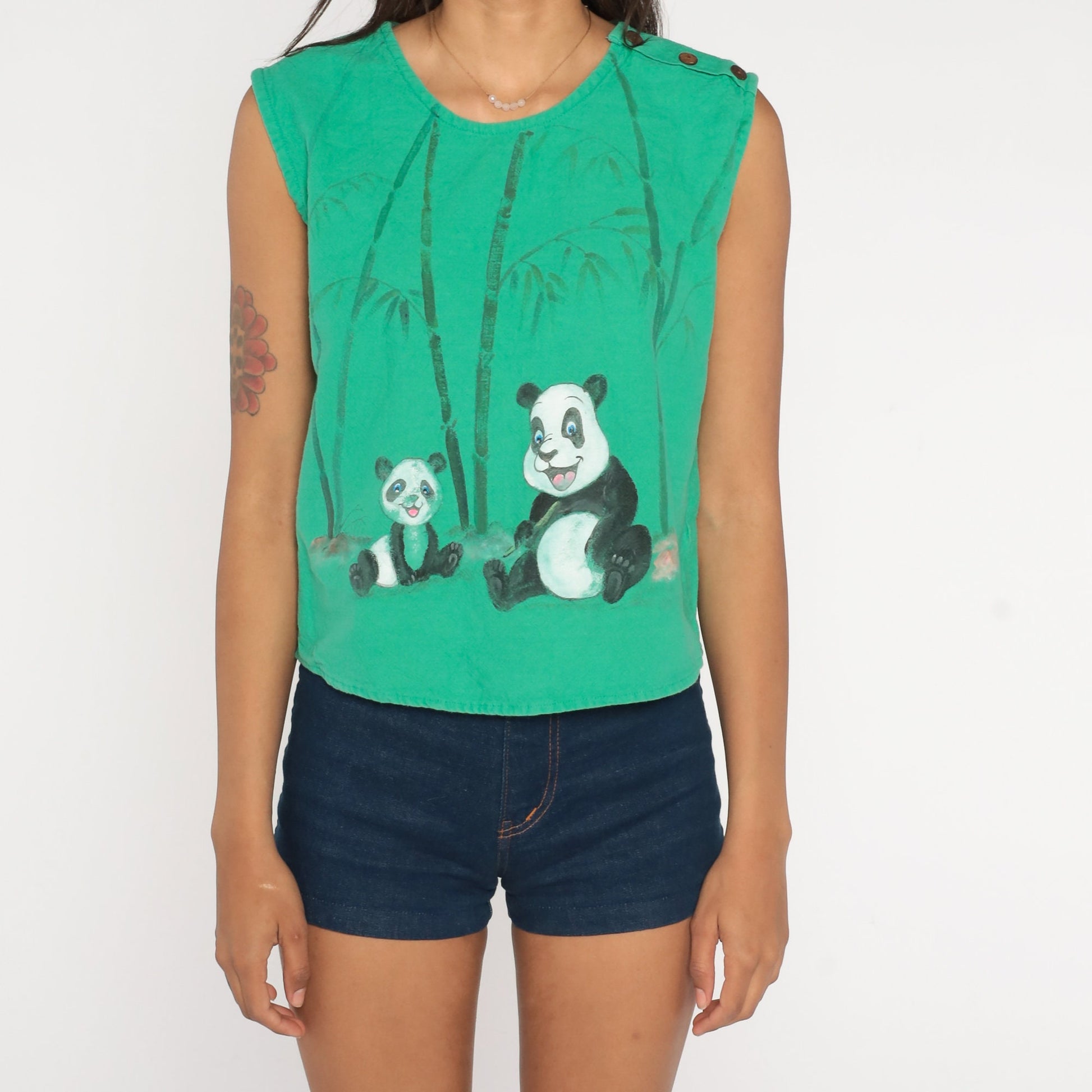 80s Panda Graphic Tank Top Green Painted Animal Print Cotton Small