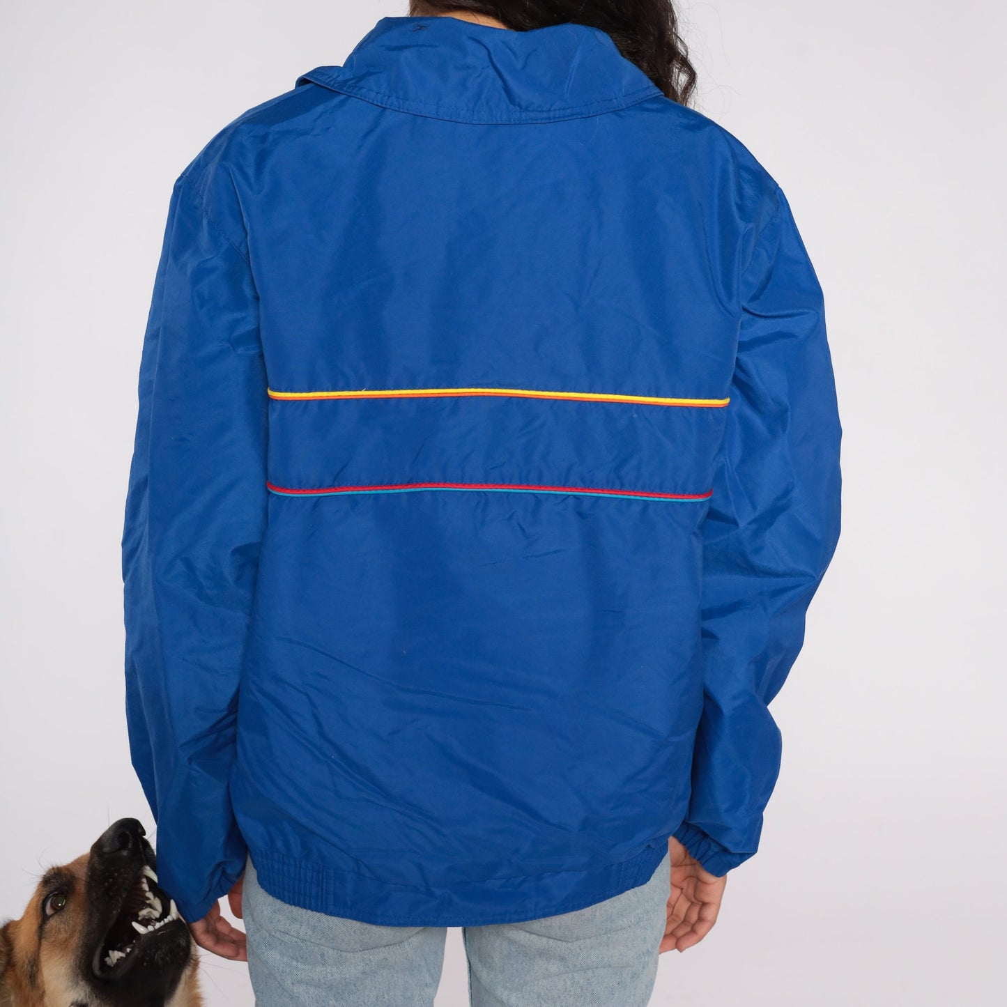 90s Blue Striped Windbreaker Jacket Zip Up Nylon Warmup Large