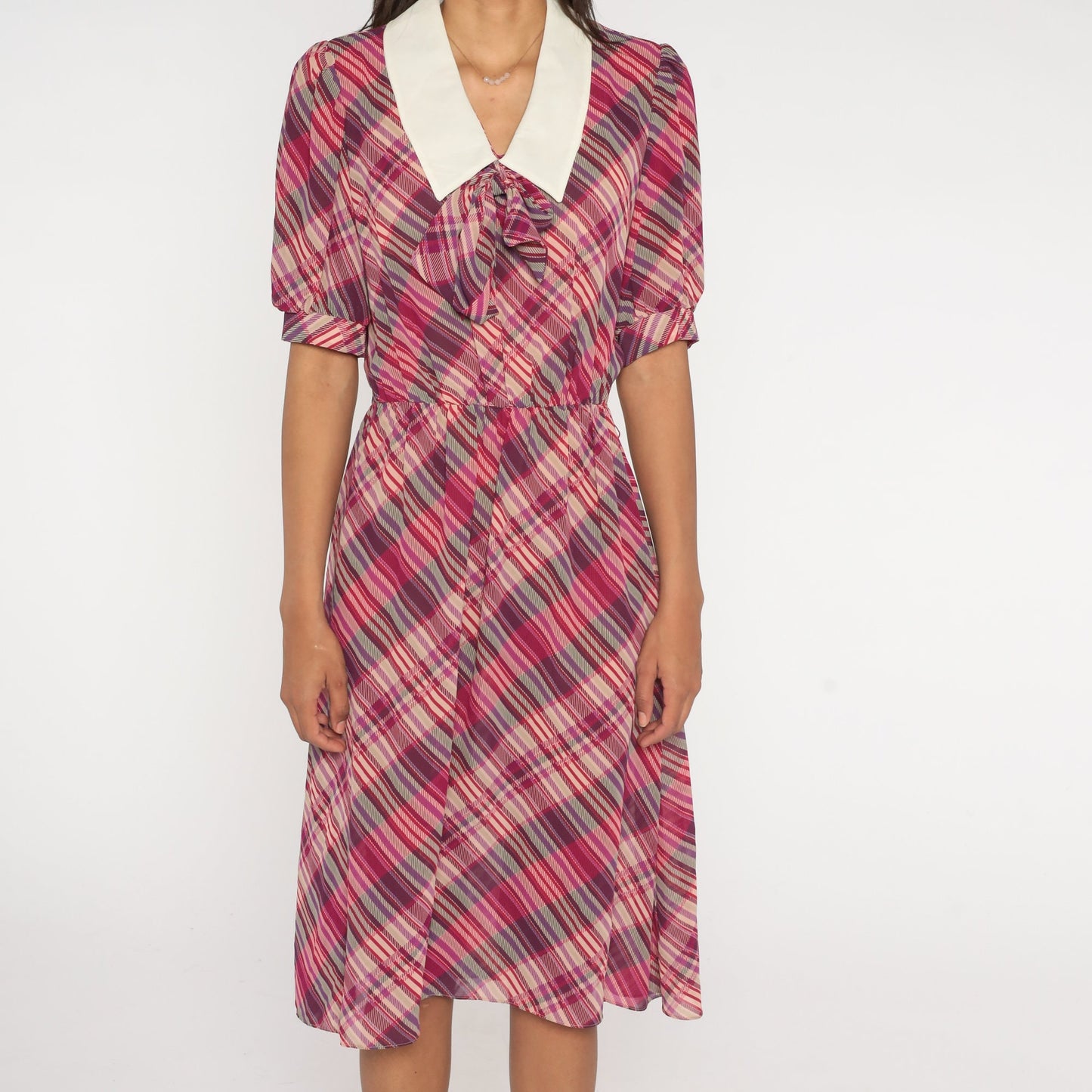 80s Purple Plaid Midi Dress Puff Sleeve Ascot Collar Small Medium