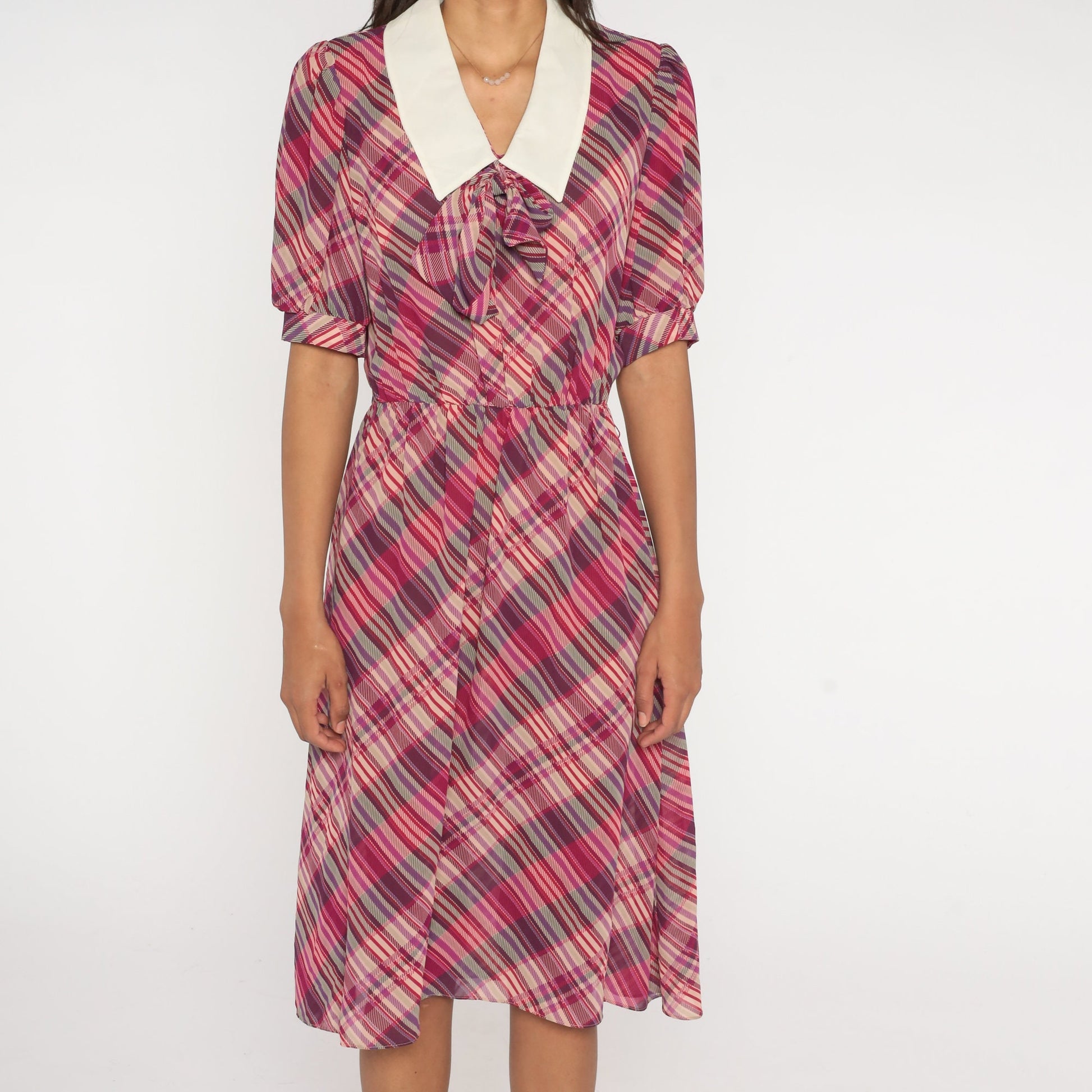 80s Purple Plaid Midi Dress Puff Sleeve Ascot Collar Small Medium