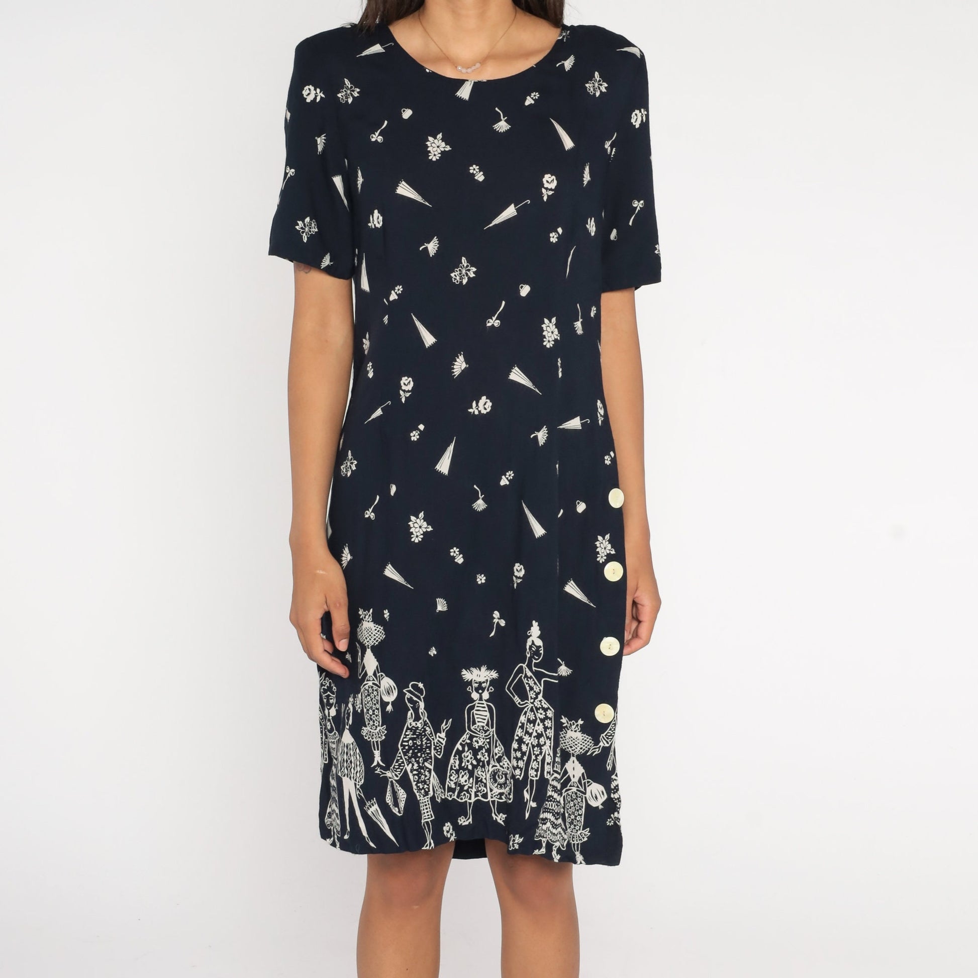 90s Floral Dress Black White Flower Print Midi Sheath Button Side Medium