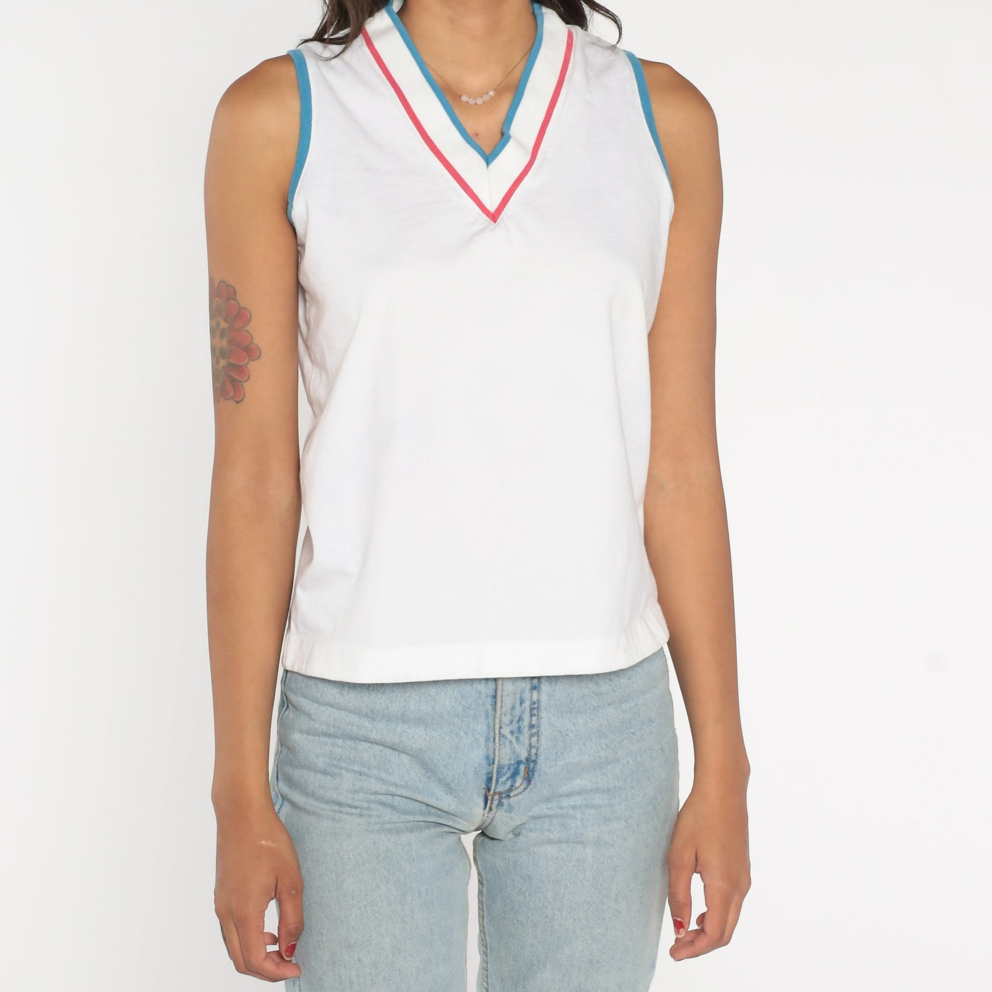 80s White Ringer Tank Top Red Blue Striped V-Neck Small