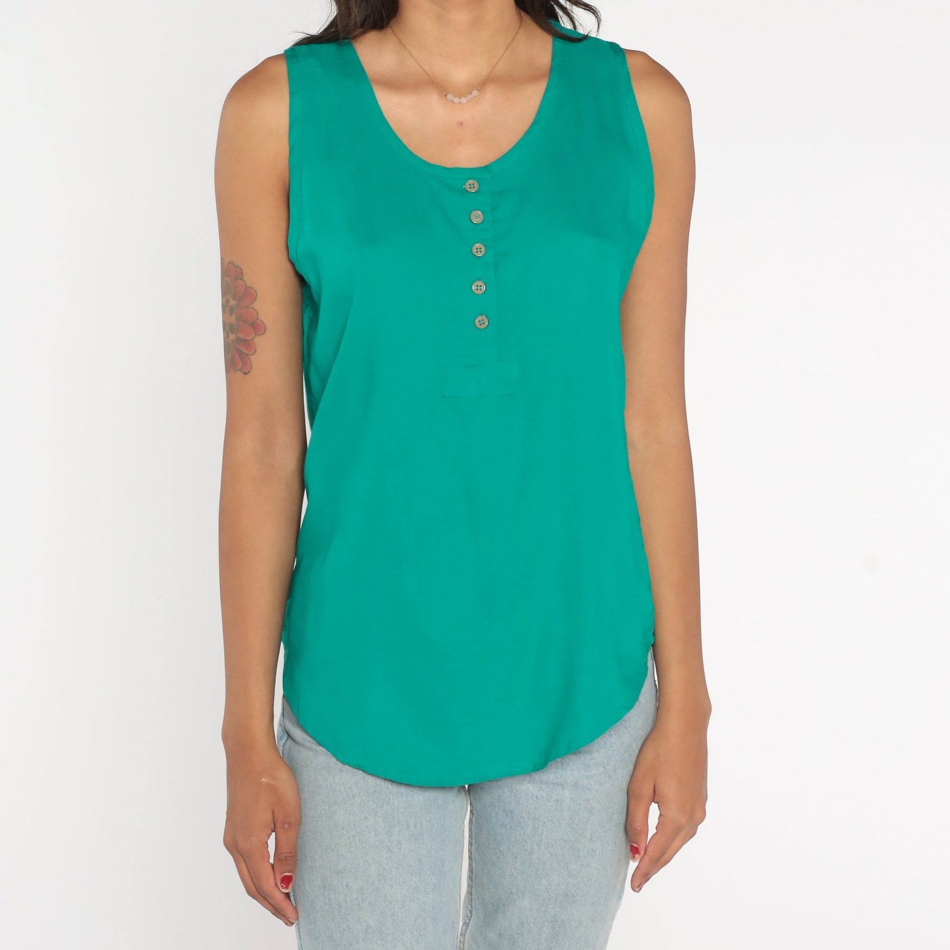 90s Green Henley Tank Top Vintage Button-Up Sleeveless Medium M