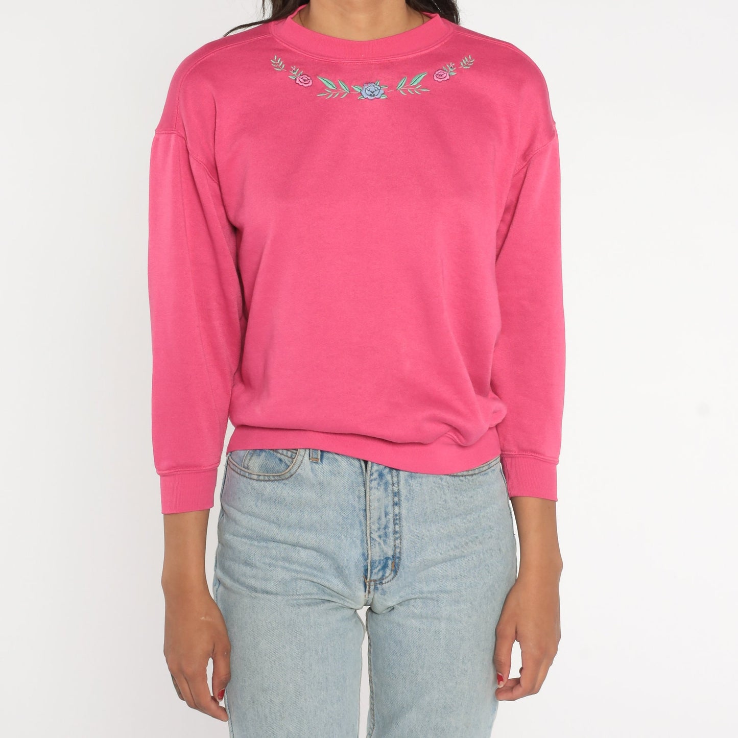 90s Floral Embroidered Sweatshirt Hot Pink Crewneck Pullover Extra Small
