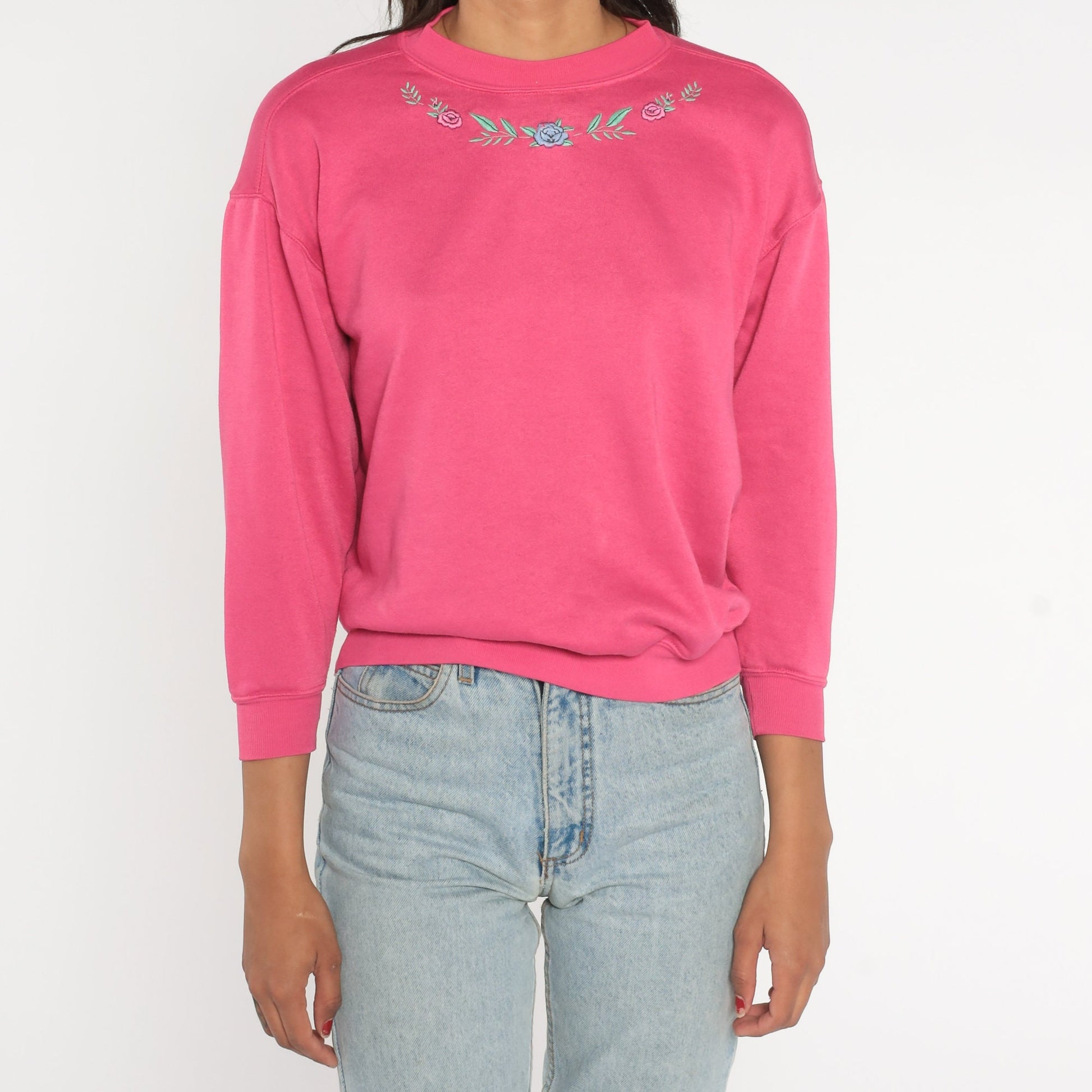 90s Floral Embroidered Sweatshirt Hot Pink Crewneck Pullover Extra Small