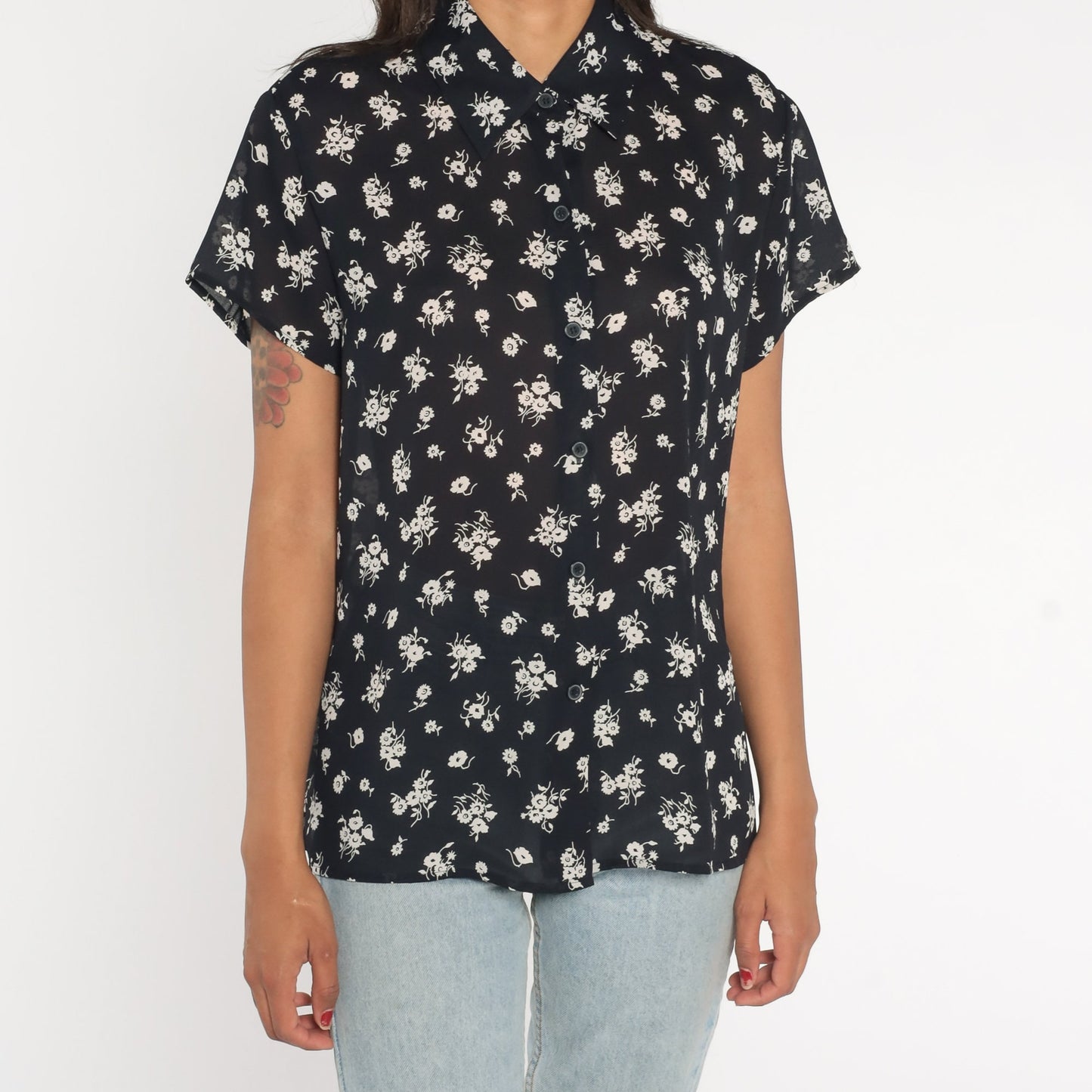 90s Chaus Black Floral Button-Up Blouse Short Sleeve Shirt Large L