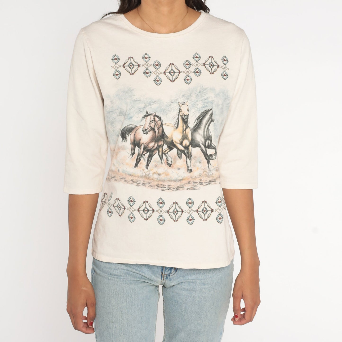 90s Wild Horses Graphic T-Shirt Turquoise Coral Beads Half Sleeve Small