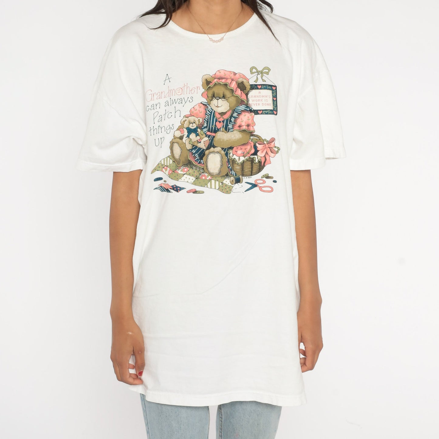 90s Teddy Bear Sewing Graphic T-Shirt White Grandmother Patch Extra Large XL
