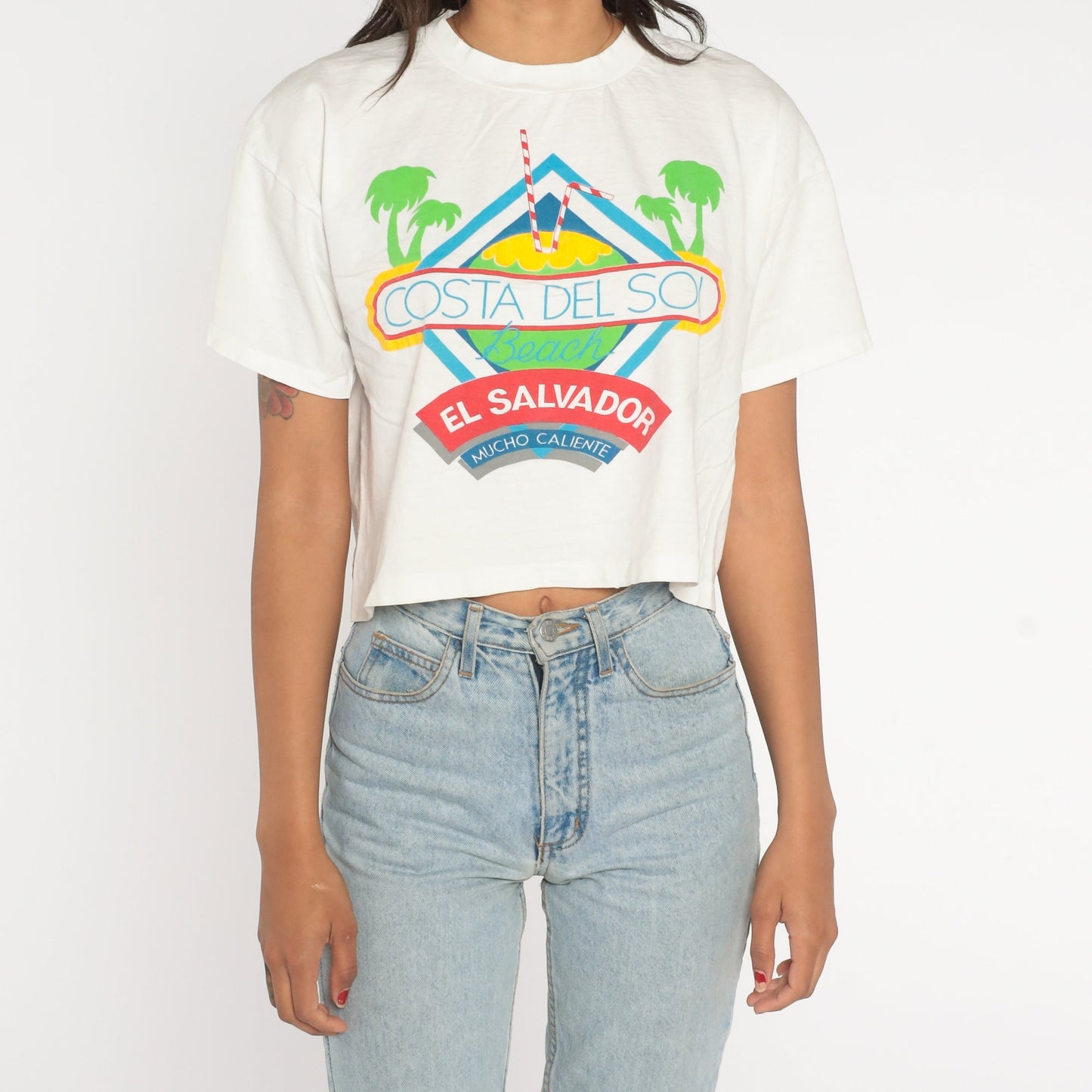 Y2K Costa Del Sol El Salvador Crop Top White Graphic Tee Small Medium