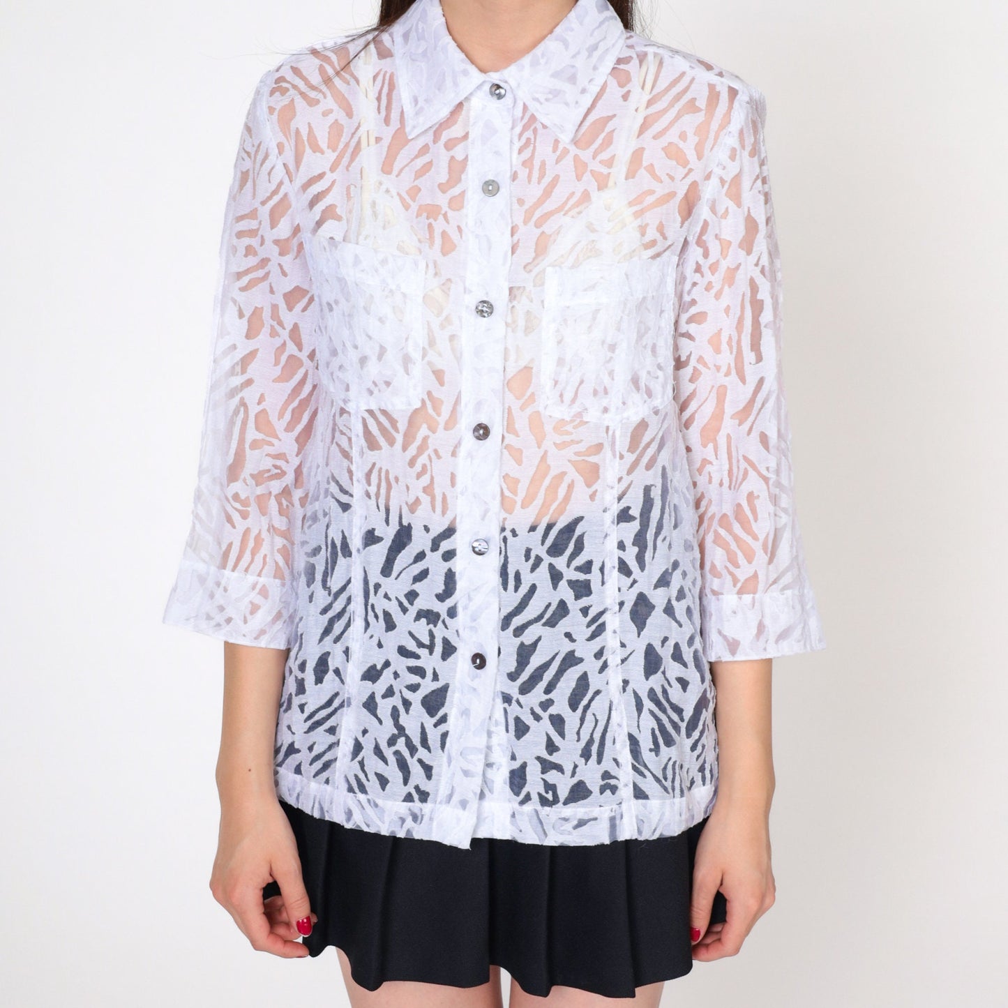 00s White Stag Sheer Burnout Blouse Animal Print Button-Up Small