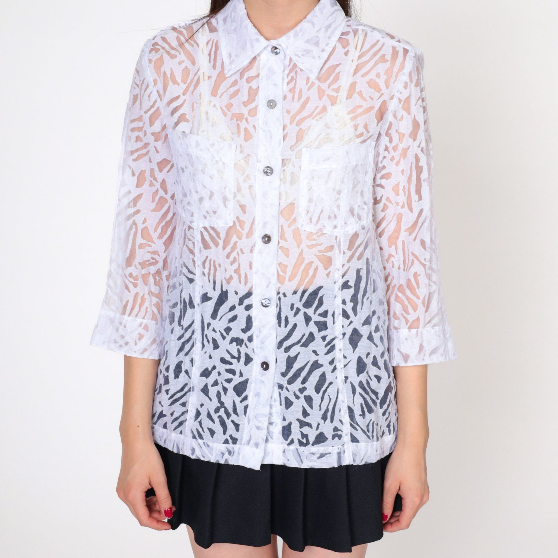 00s White Stag Sheer Burnout Blouse Animal Print Button-Up Small