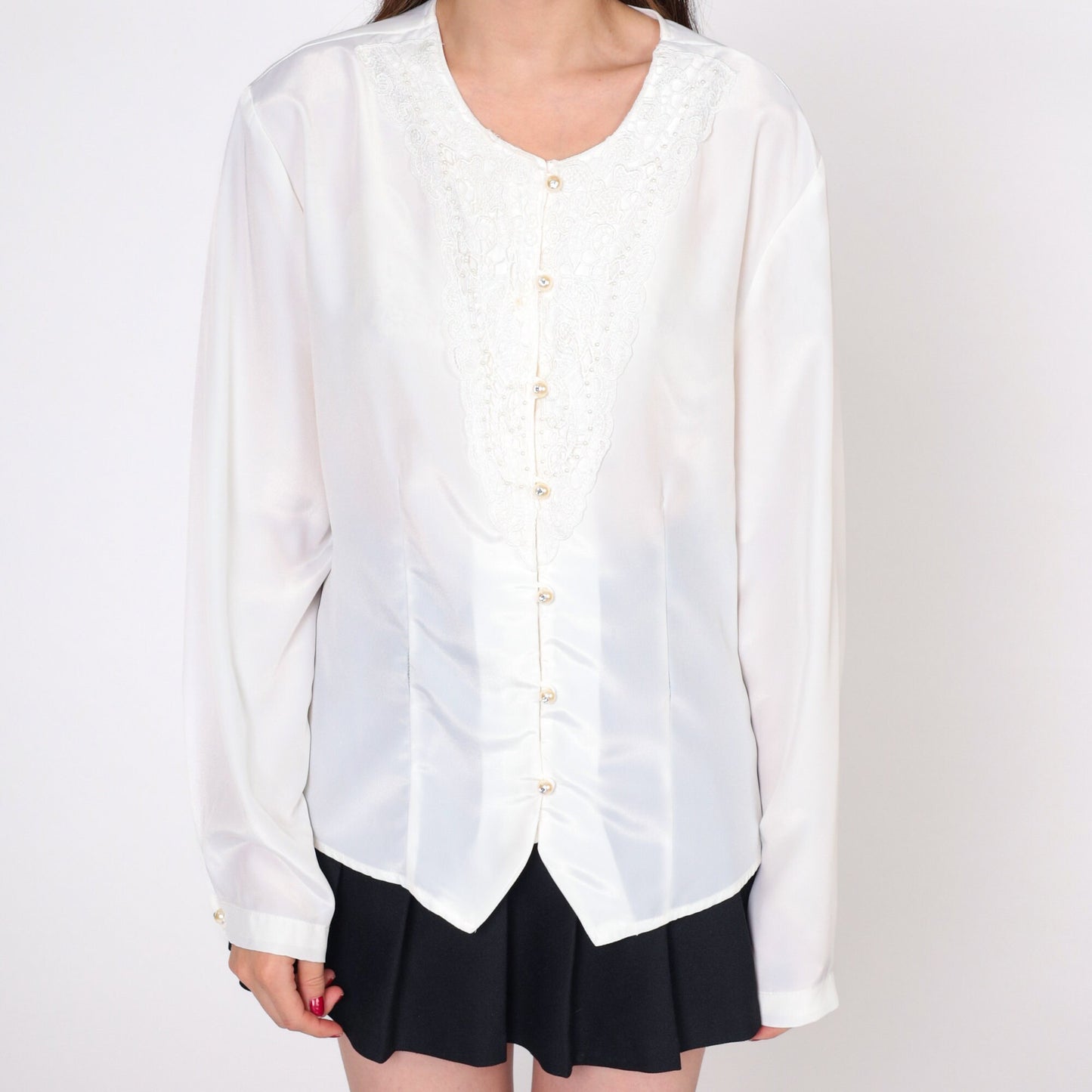 80s White Beaded Lace Blouse Pearl Rhinestone Button Up Long Sleeve Extra Large XL