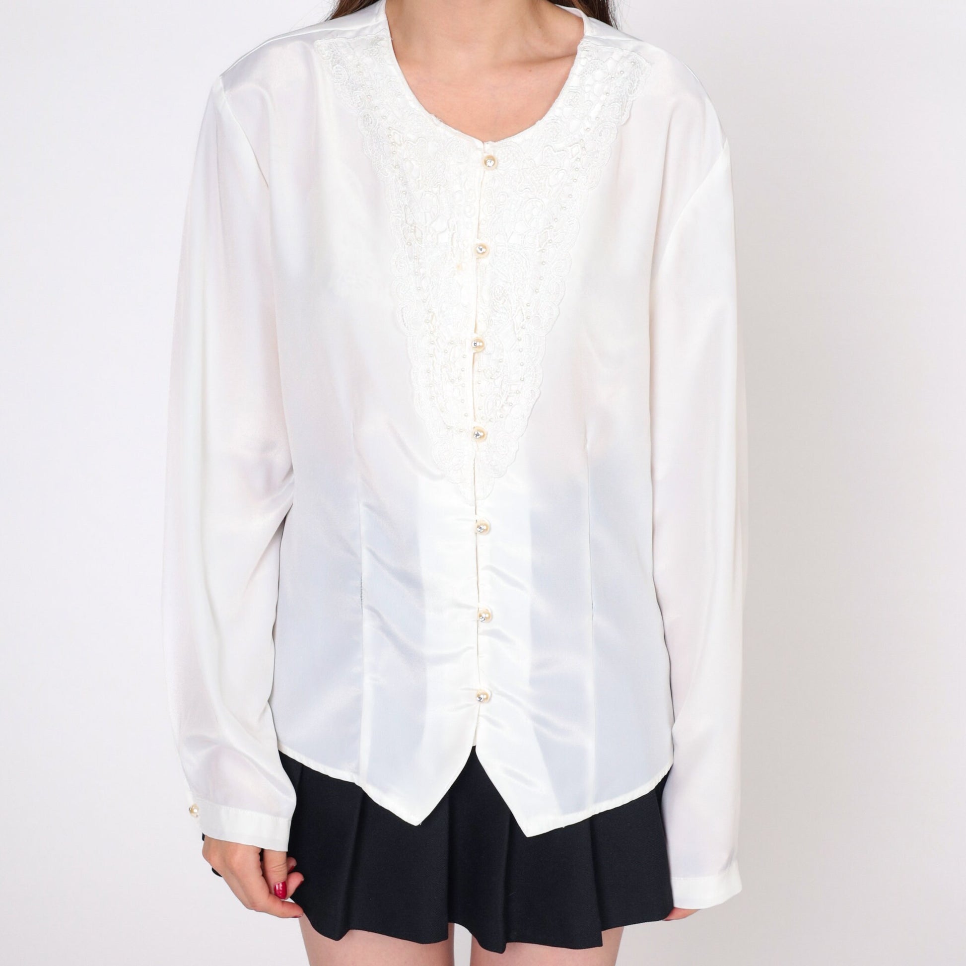 80s White Beaded Lace Blouse Pearl Rhinestone Button Up Long Sleeve Extra Large XL