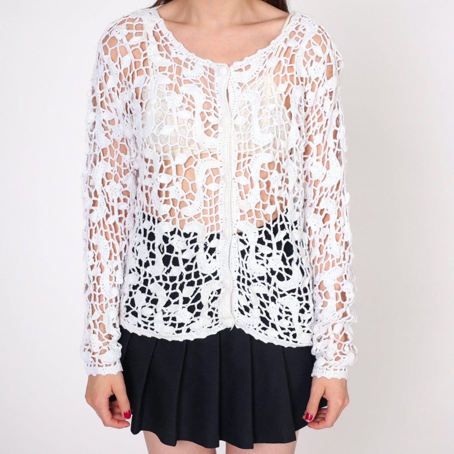 90s Forenza White Crochet Cardigan Open Weave Knit Button Up Small Medium