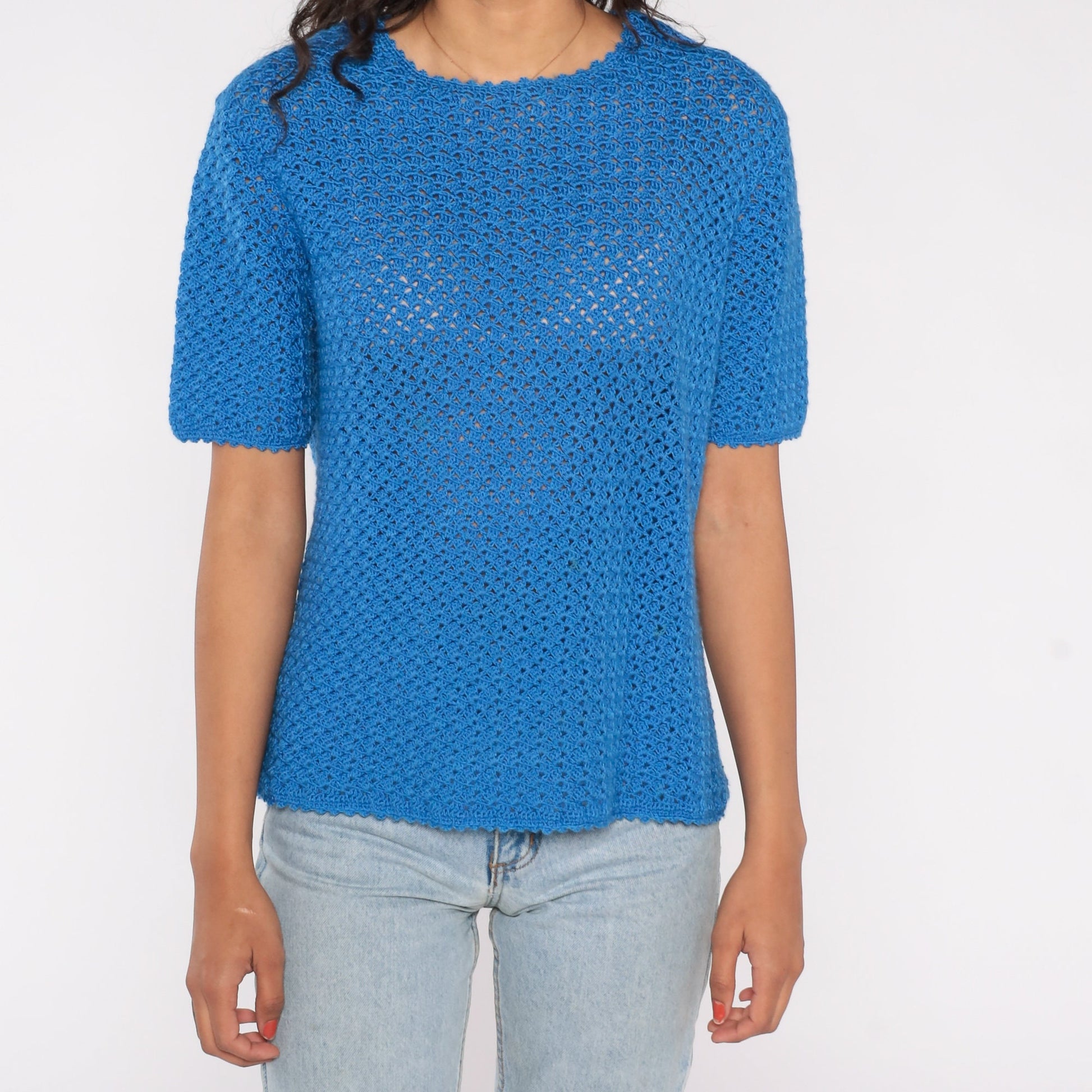 70s Blue Crochet Blouse Open Weave Short Sleeve Sheer Top Medium