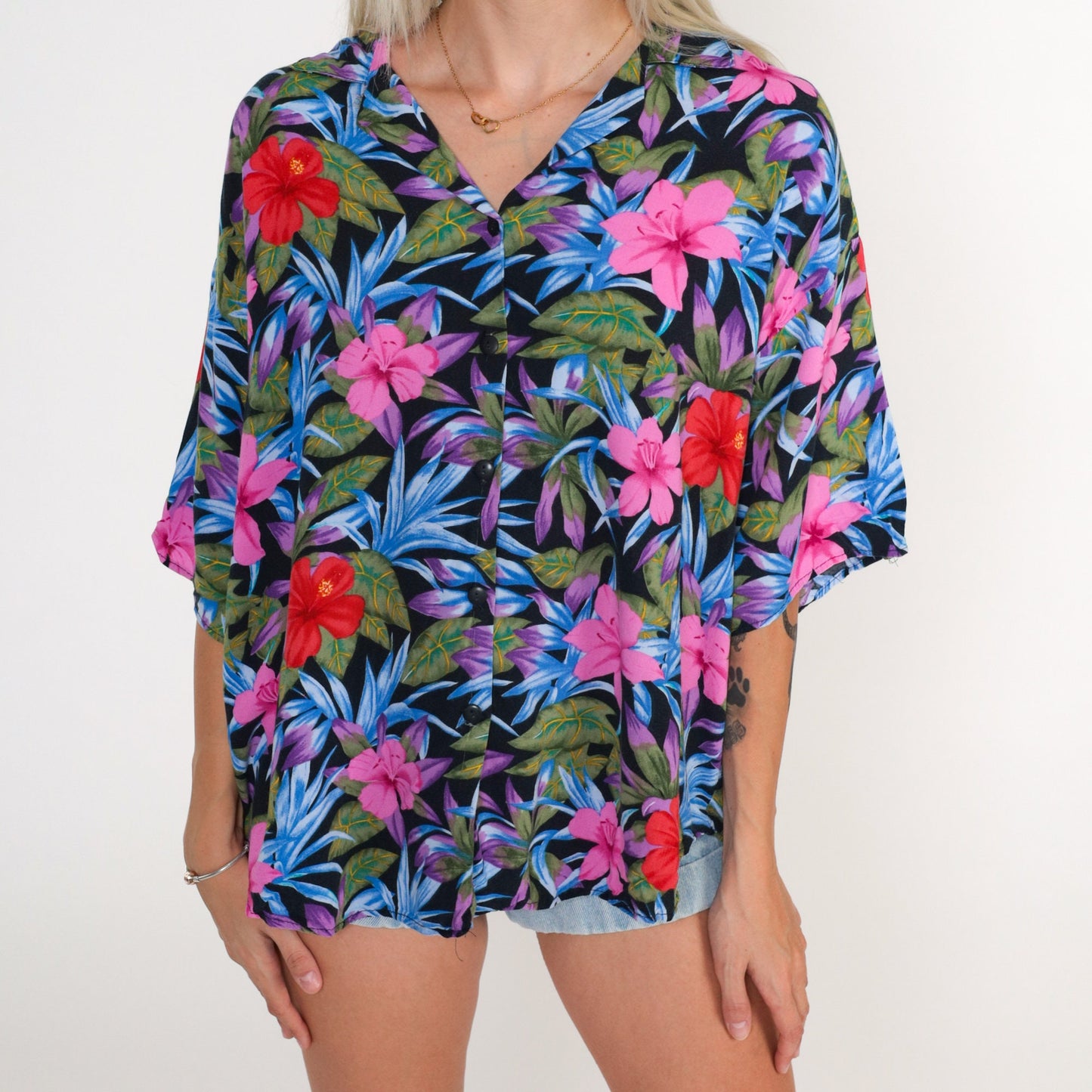90s Caribou Tropical Hibiscus Button-Up Blouse Black Pink Red Extra Large