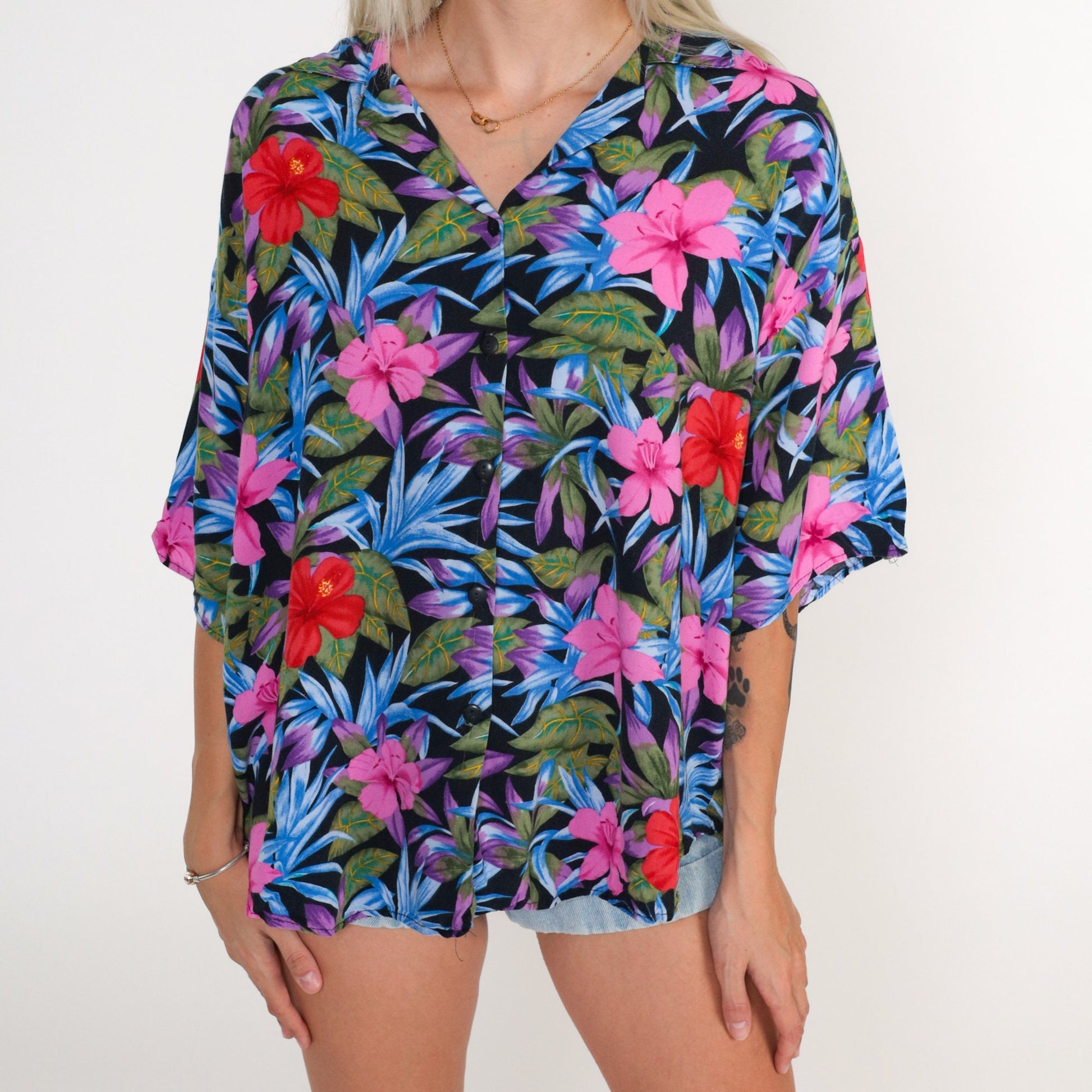 90s Caribou Tropical Hibiscus Button-Up Blouse Black Pink Red Extra Large