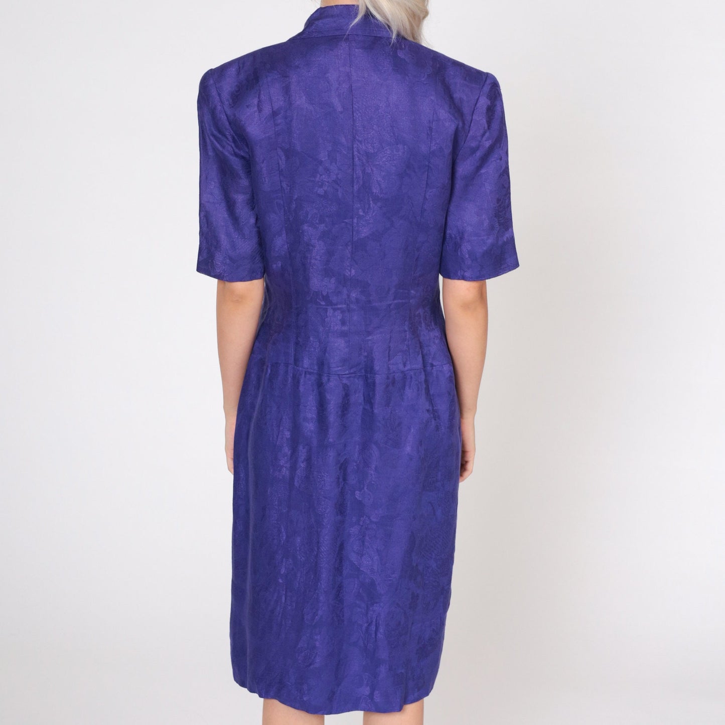 80s Albert Nipon Purple Linen Midi Dress Embossed Floral Wrap Button-Up Puff Sleeve Medium 8