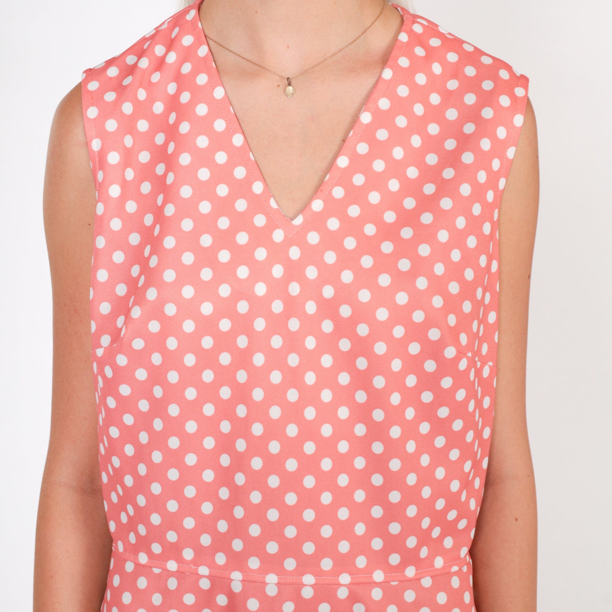 70s Pink Polka Dot Mini Dress Sleeveless V-Neck High Waist Medium