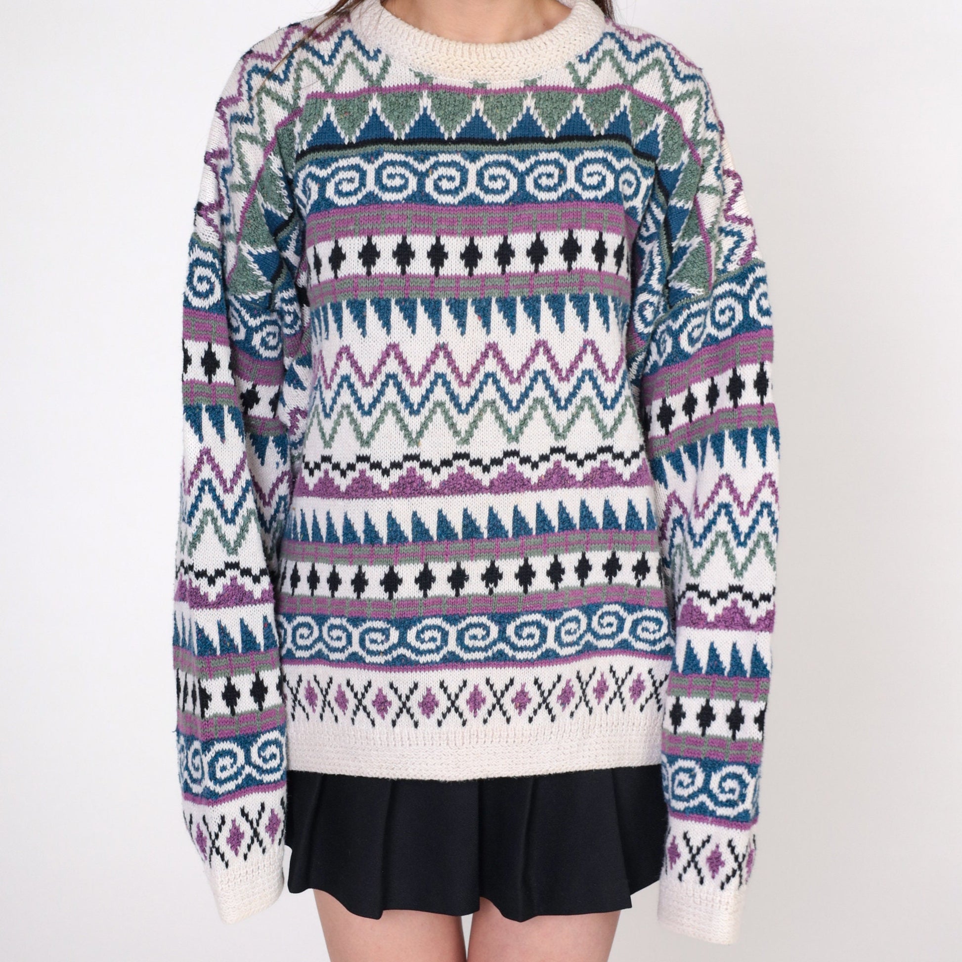 Y2K Geometric Striped Pullover Sweater White Jacquard Knit Extra Large XXL