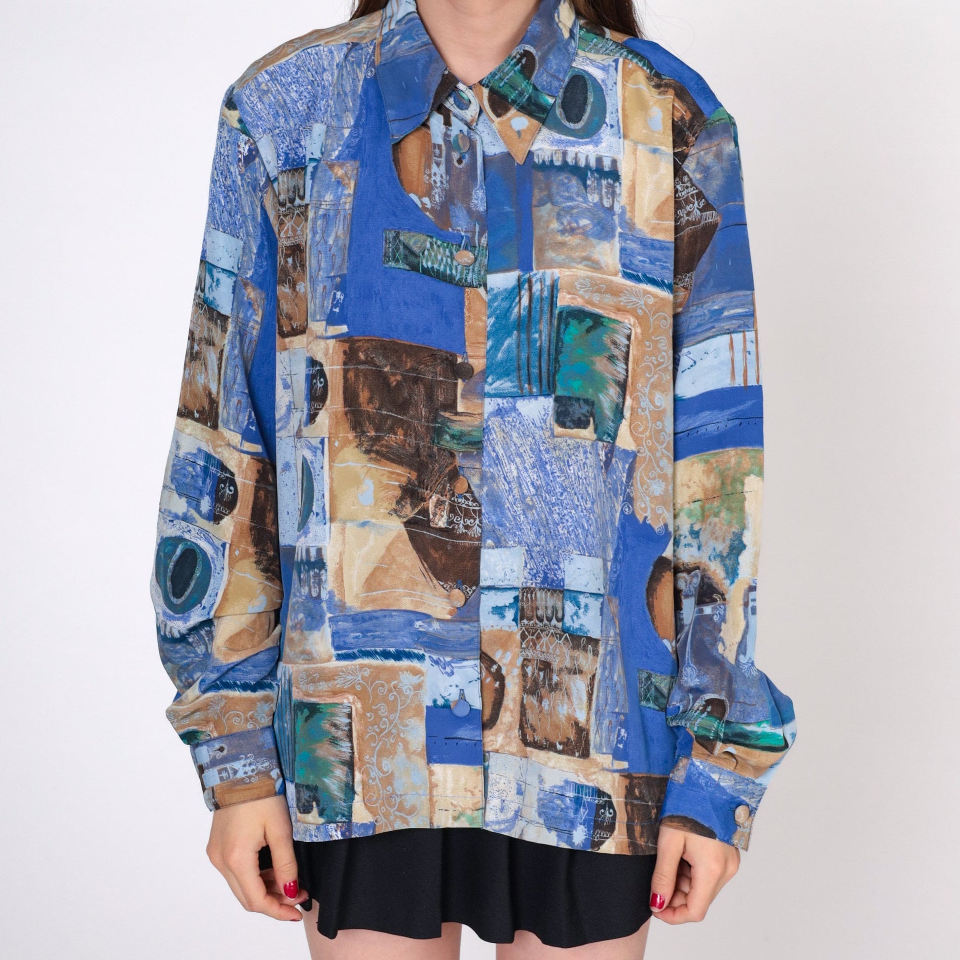 90s Abstract Patchwork Button-Up Shirt Blue Long Sleeve Extra Large