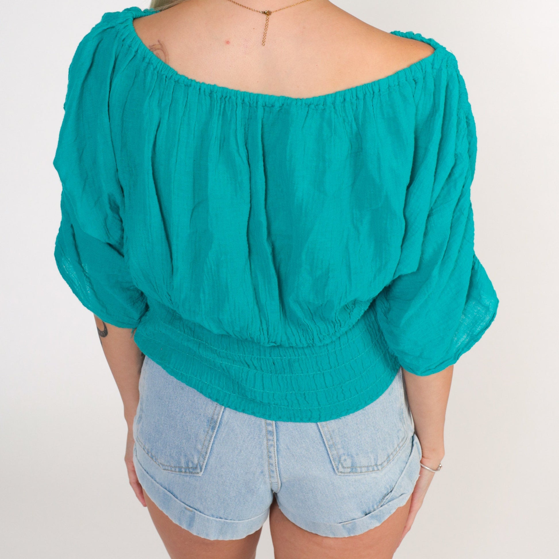 90s Teal Off-Shoulder Smocked Peasant Blouse Ruched Half-Sleeve Small Medium
