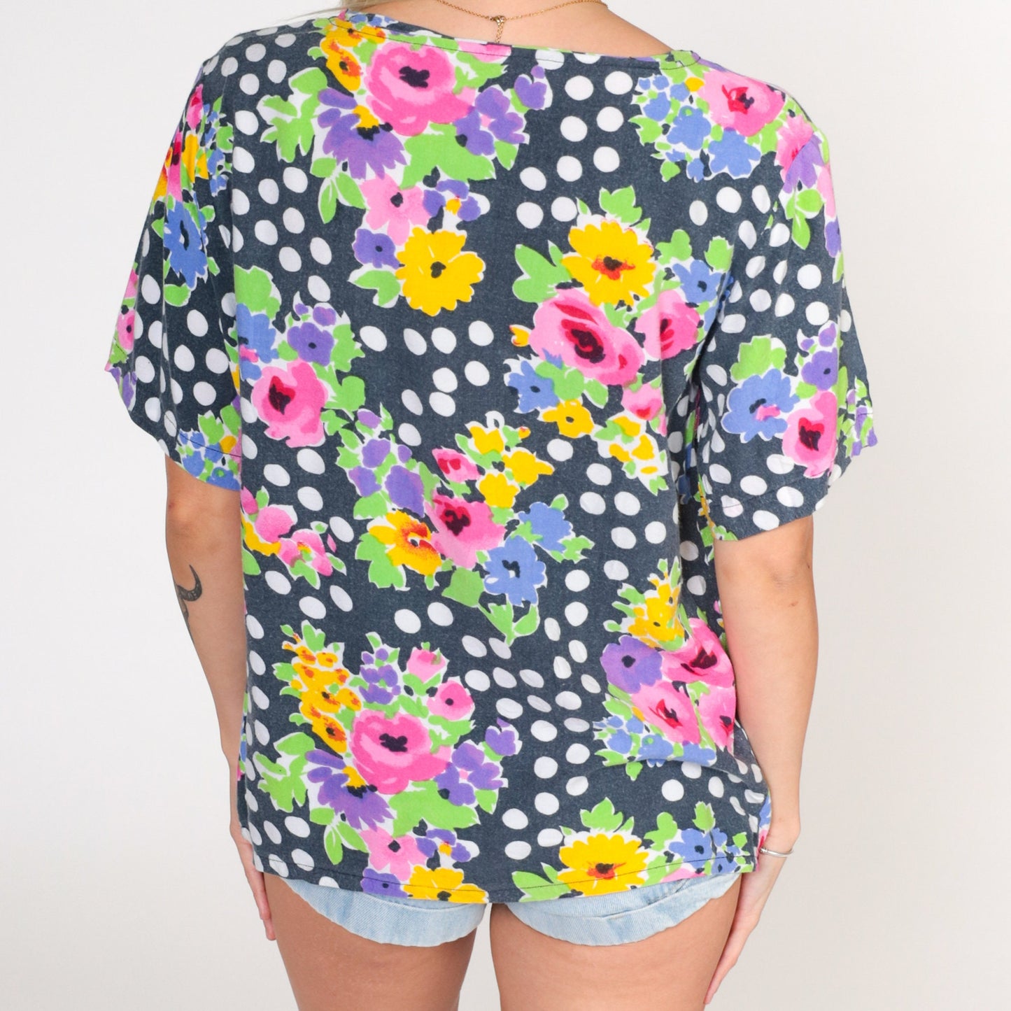 90s Polka Dot Floral Blouse Black Faded Print Short Sleeve Top Small