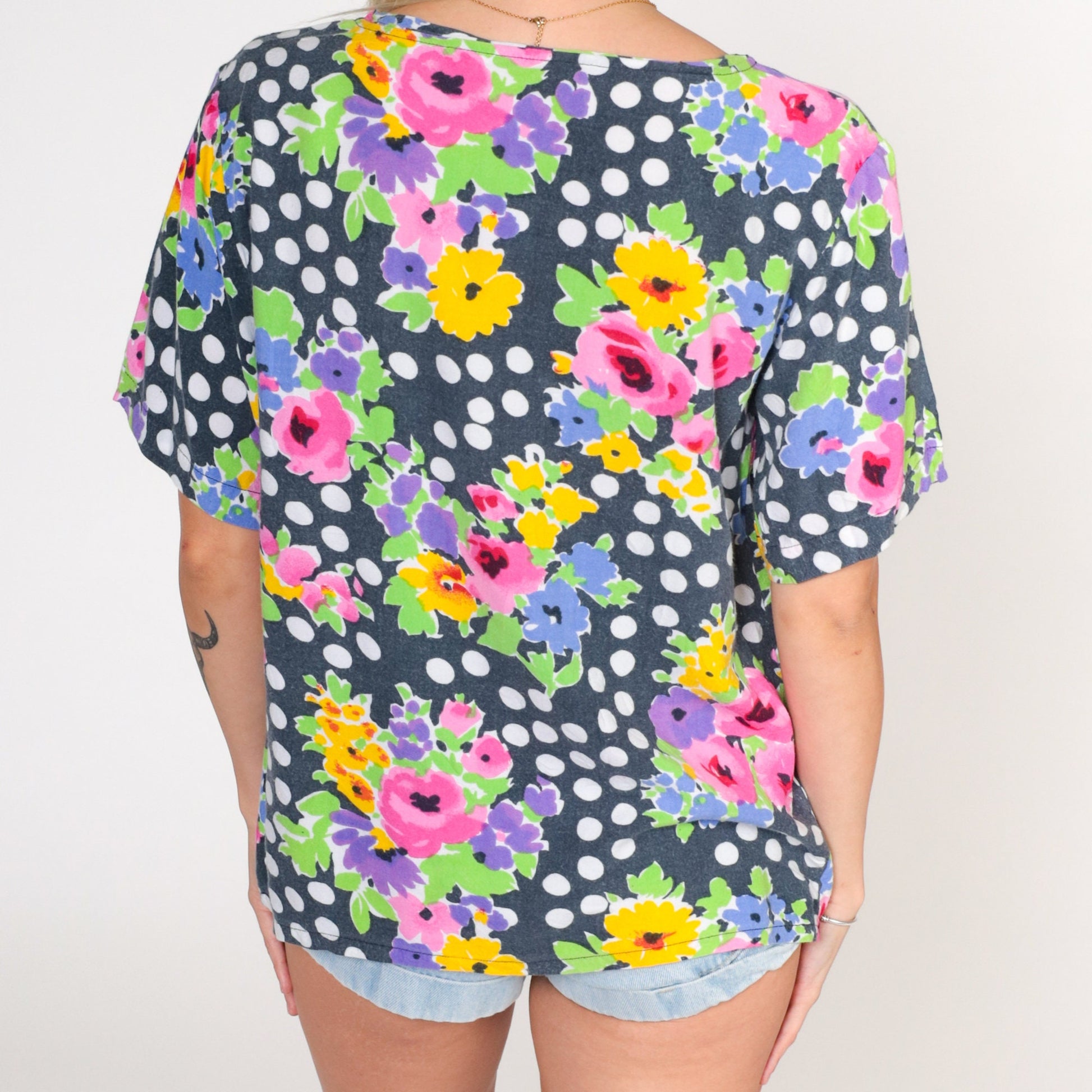 90s Polka Dot Floral Blouse Black Faded Print Short Sleeve Top Small