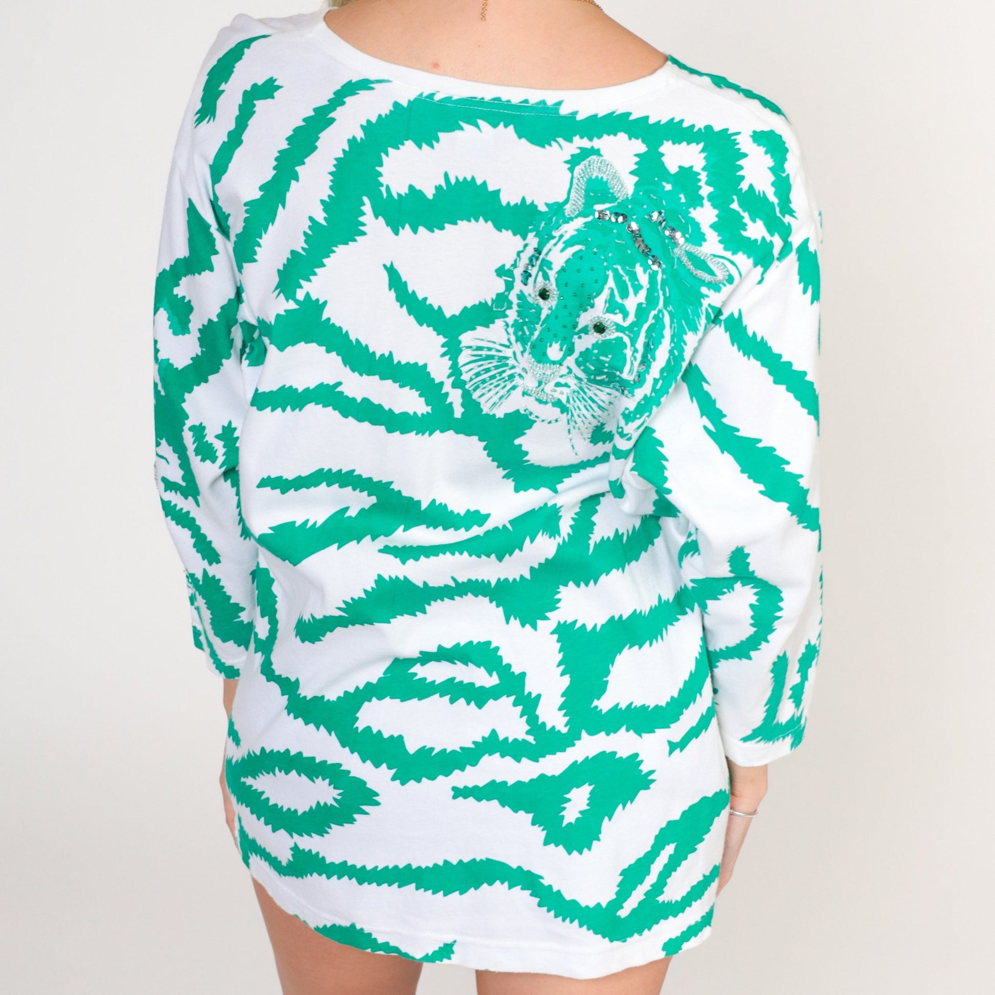 80s Beaded Tiger T-Shirt Sequined Animal Graphic Tee Green White Small