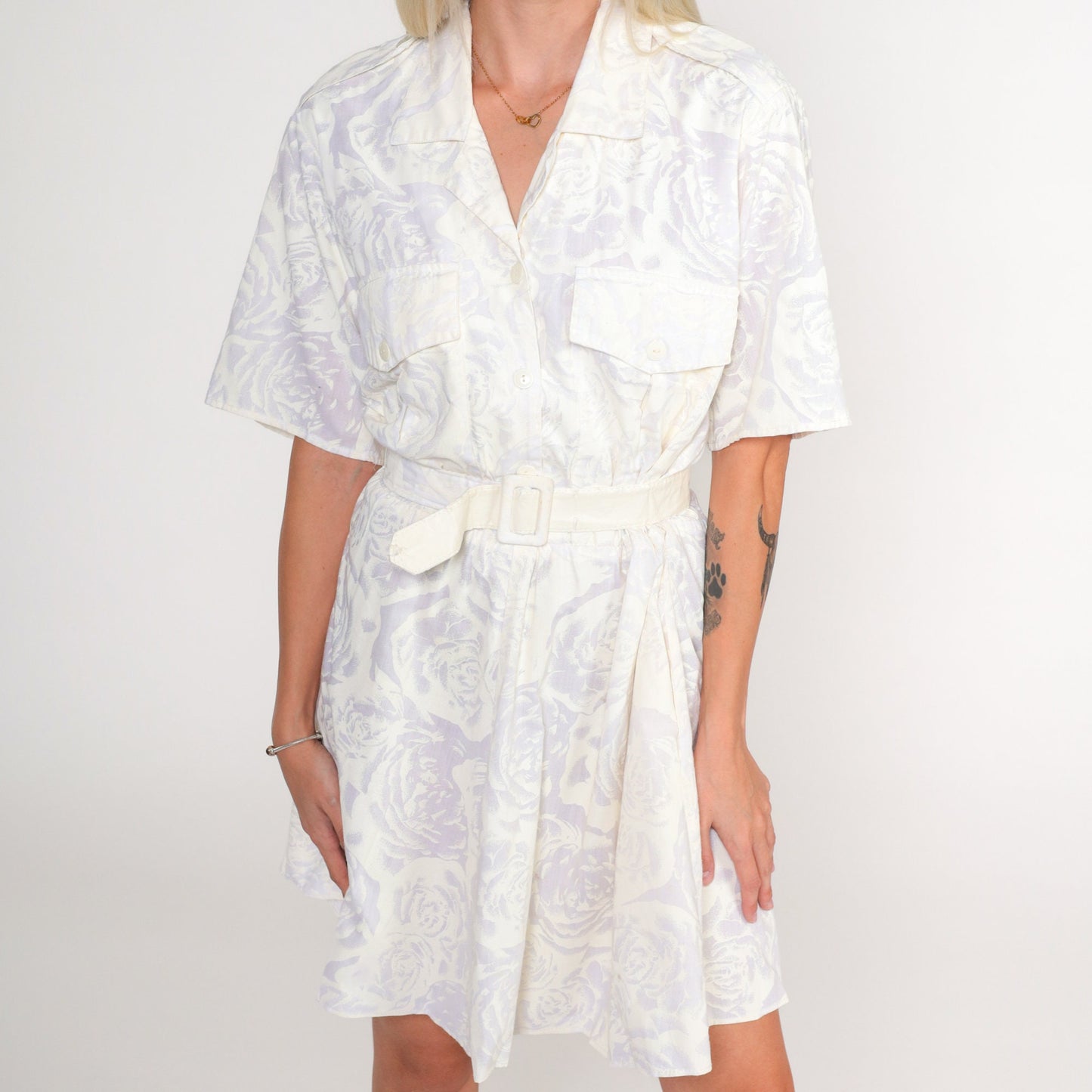 80s Floral Mini Shirtdress Cream White High Waisted Button Up Cotton Medium
