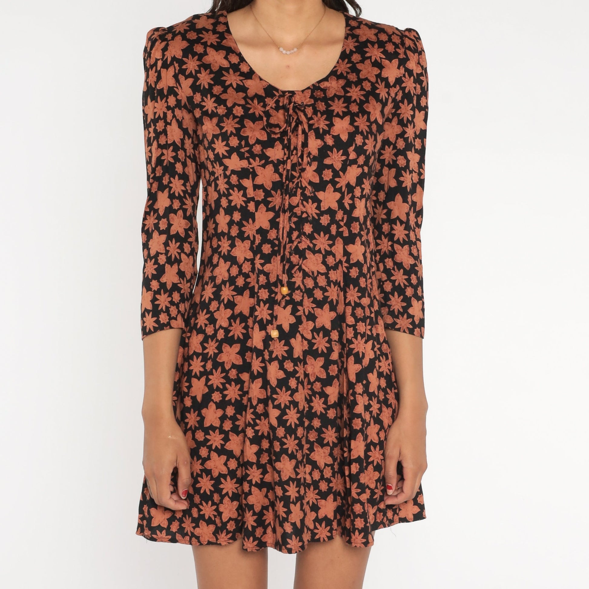 90s Black Floral Mini Dress Puff Sleeve Tie Neck Small