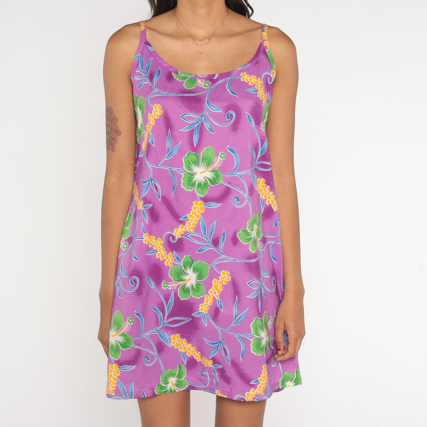 90s Purple Tropical Floral Mini Dress Sleeveless Sundress Small S