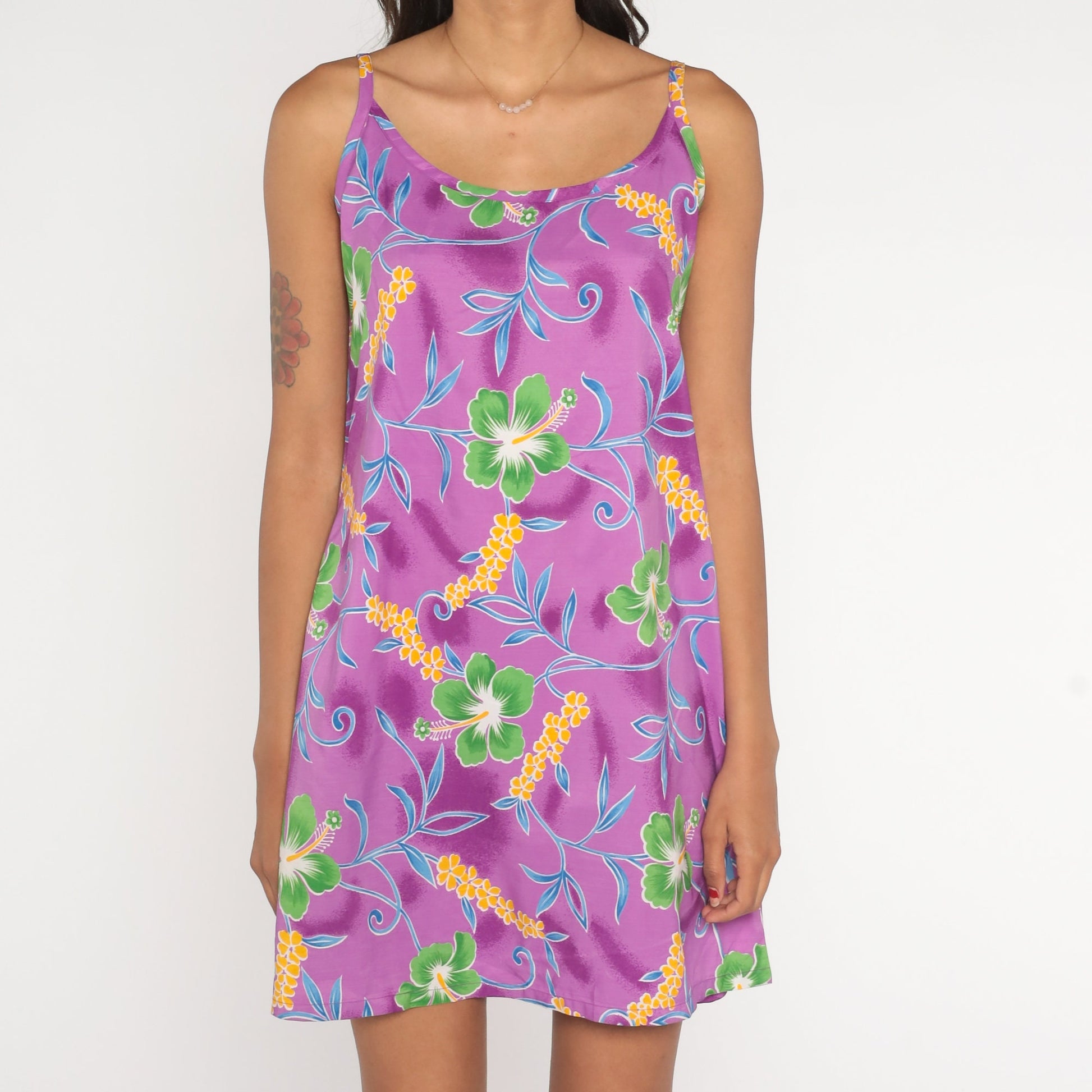 90s Purple Tropical Floral Mini Dress Sleeveless Sundress Small S