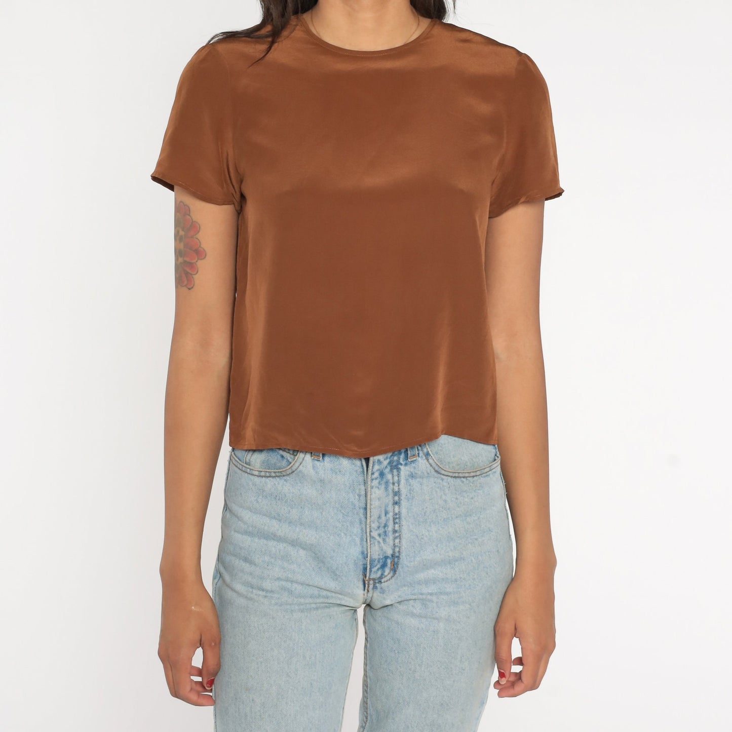 80s Brown Shiny Blouse Short Sleeve Crewneck Small
