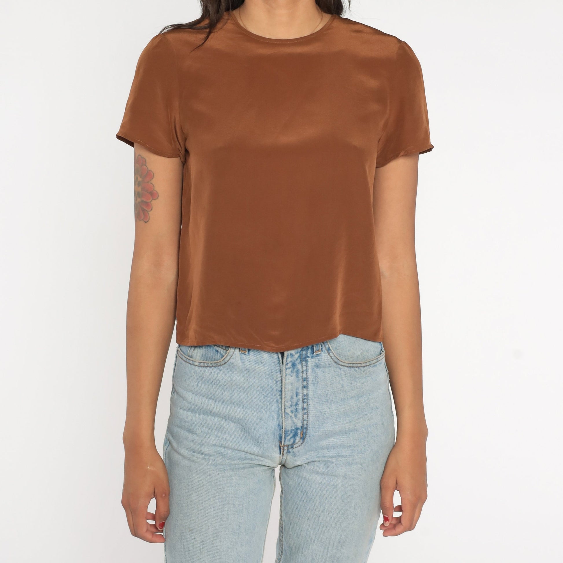 80s Brown Shiny Blouse Short Sleeve Crewneck Small