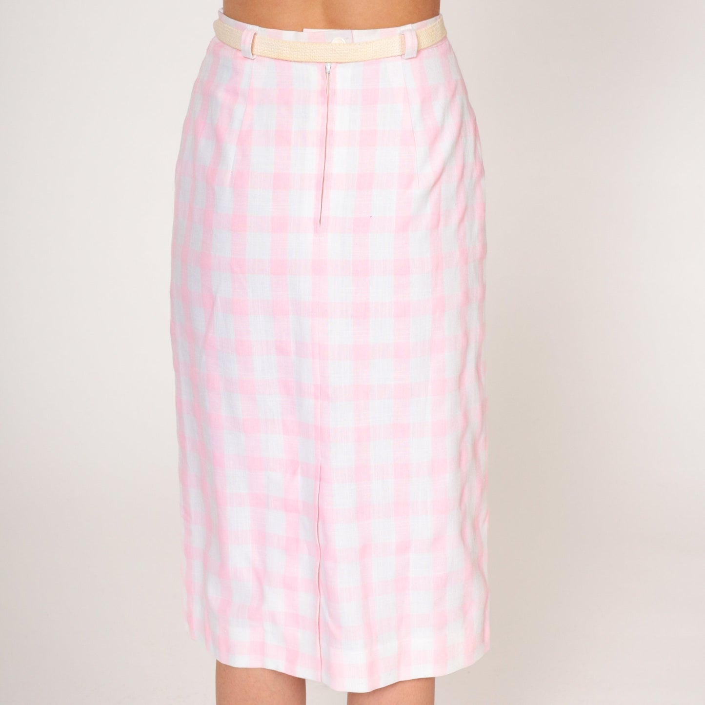 60s Pink Gingham Midi Skirt High Waisted Belted Pencil Extra Small XS